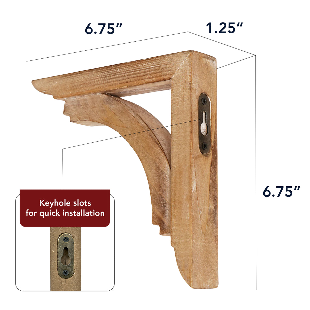Set of two natural wood decorative corbels with carved vintage curves, shown as farmhouse shelf brackets and architectural accents for shelves, doorways, bookends and candle displays.