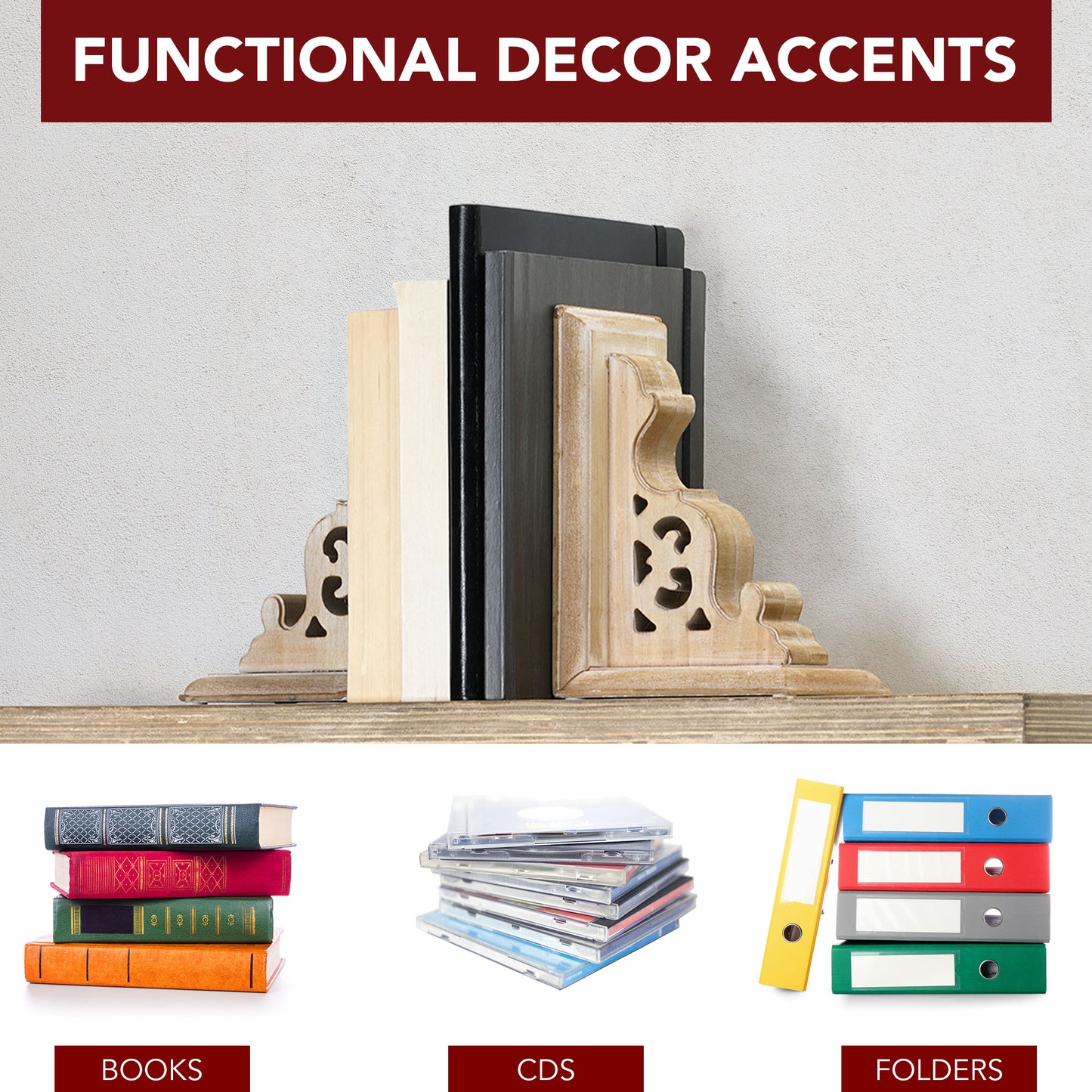Natural Vintage Decorative Wood Bookends (Set of 2)