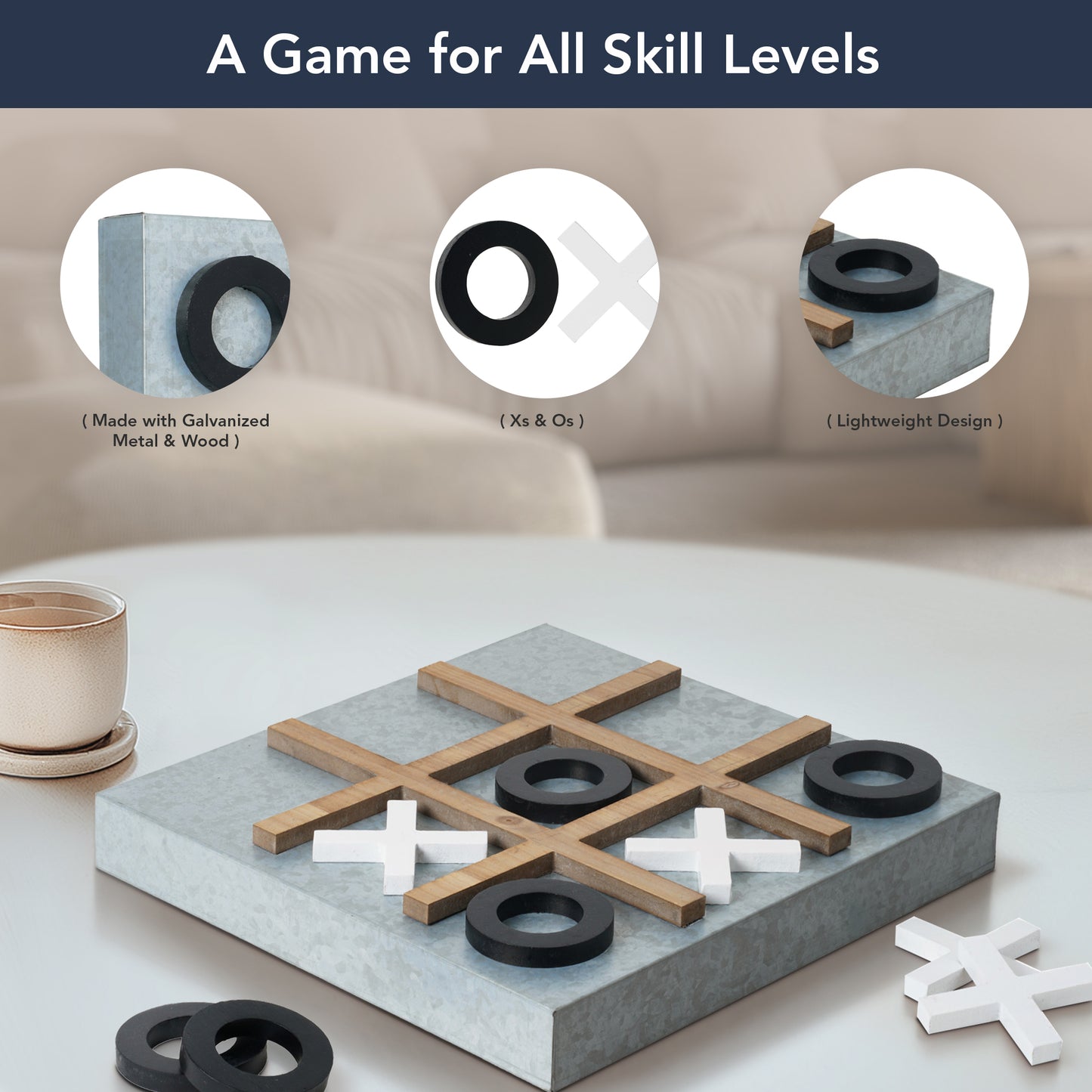 Magnetic Tic Tac Toe Wall Game Board - Black & White (15" x 15")