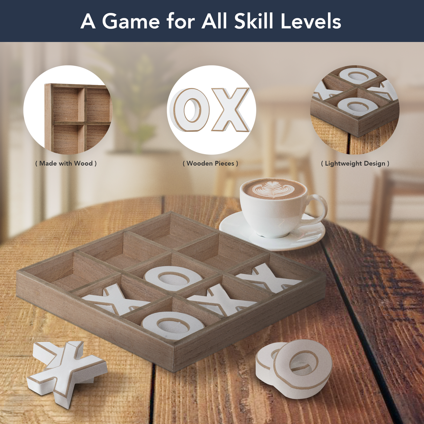 Wood Tic Tac Toe Game Board Tabletop Decor (11.8" x 11.8")
