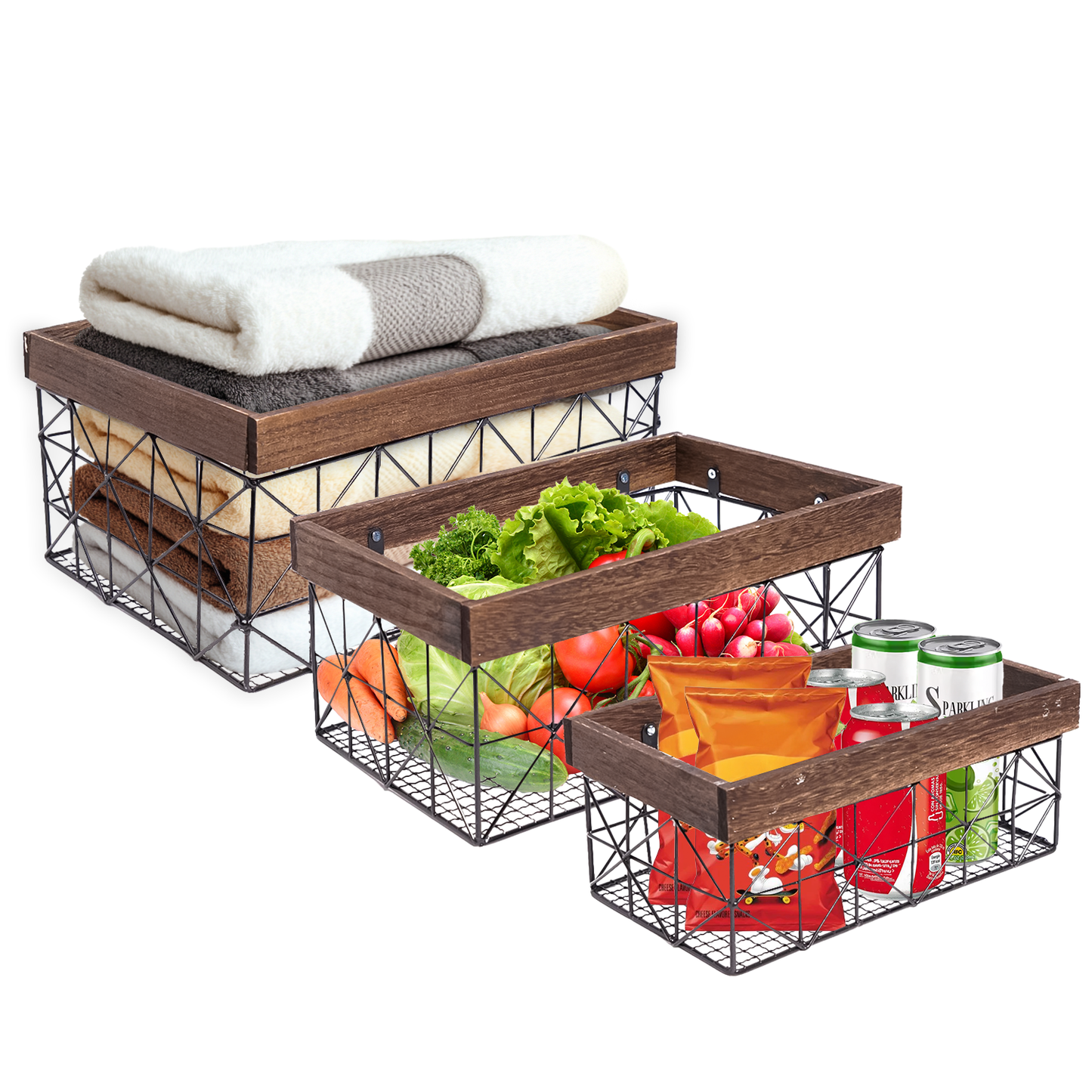 Contemporary Black and Walnut Metal and Wood Storage Basket Set of 3