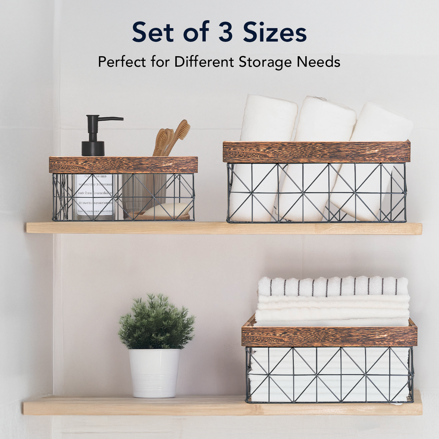 Contemporary Black and Walnut Metal and Wood Storage Basket Set of 3