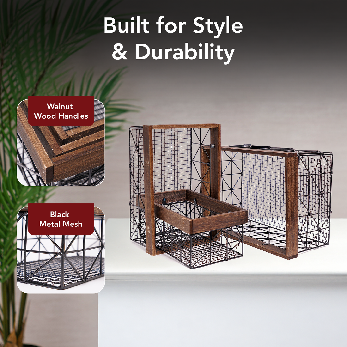 Contemporary Black and Walnut Metal and Wood Storage Basket Set of 3