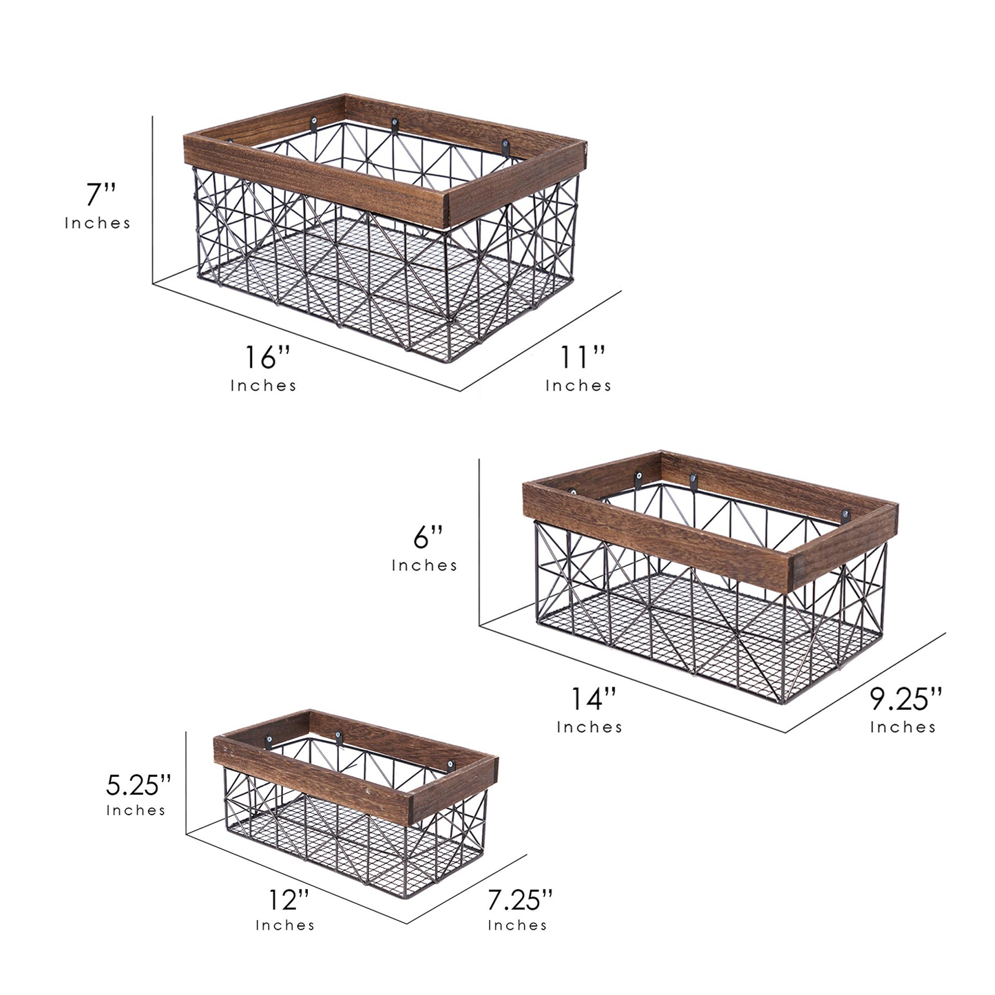 Contemporary Black and Walnut Metal and Wood Storage Basket Set of 3