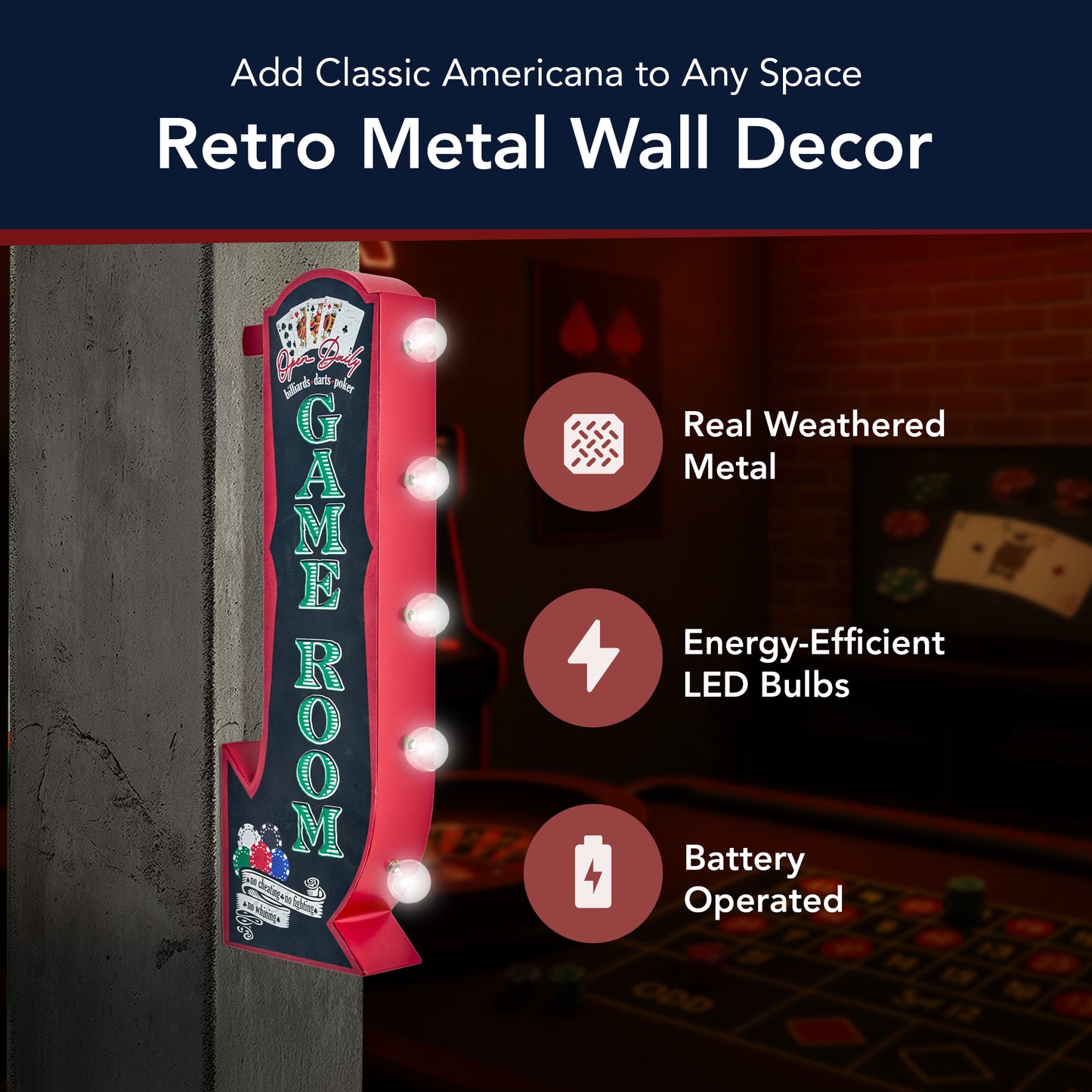 Vintage Game Room Off the Wall LED Marquee Sign, Black/Red - 25" H