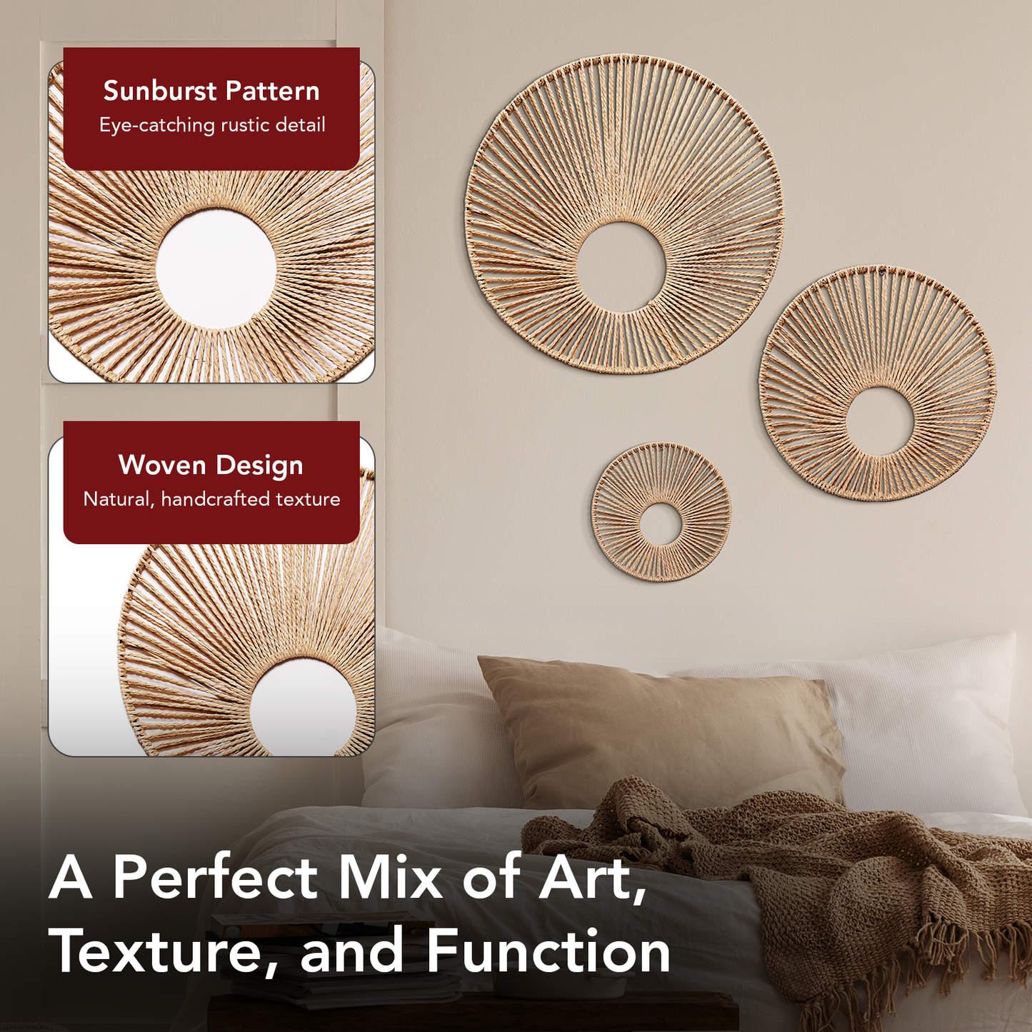 Woven Paper Rope Wall Decor Set of 3 - Natural