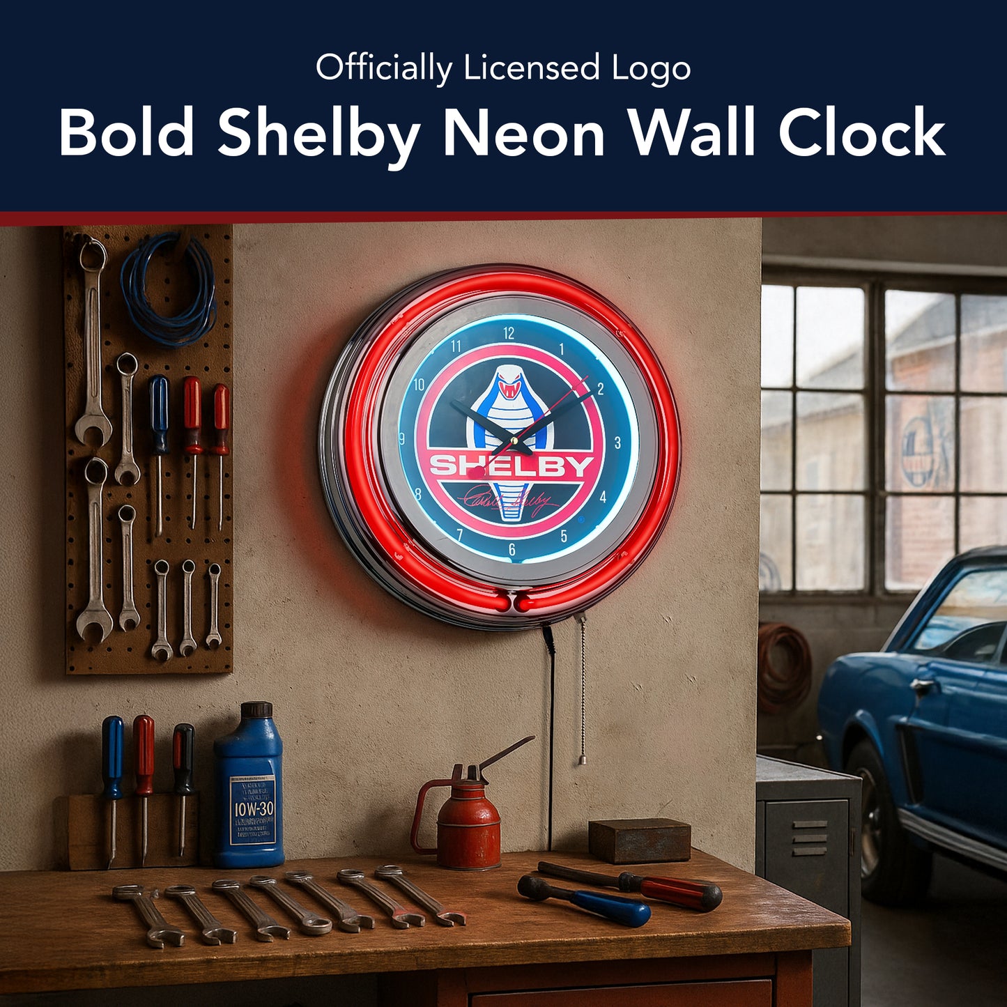 Shelby Retro Round Neon Wall Analog Clock with Pull Chain - 14.5"