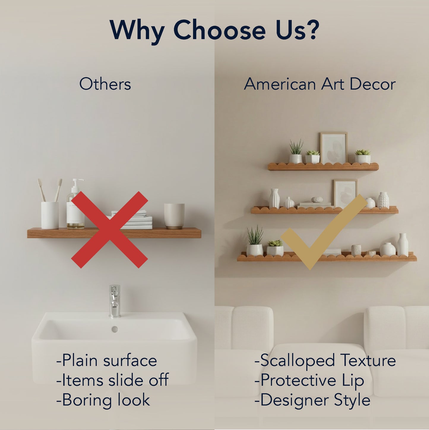 Walnut Scallop Wood Floating Wall Shelf Set of 3