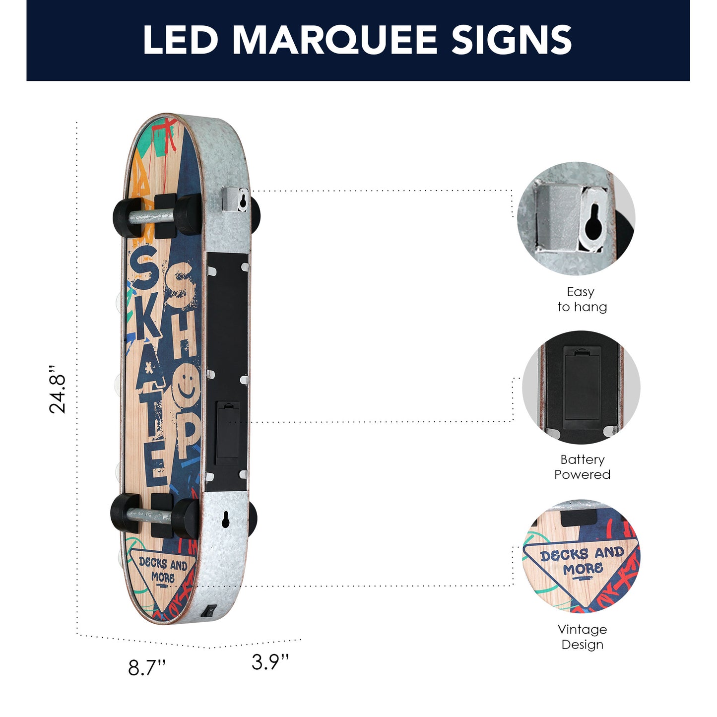 Metal LED Skate Shop Decks and More Marquee Sign