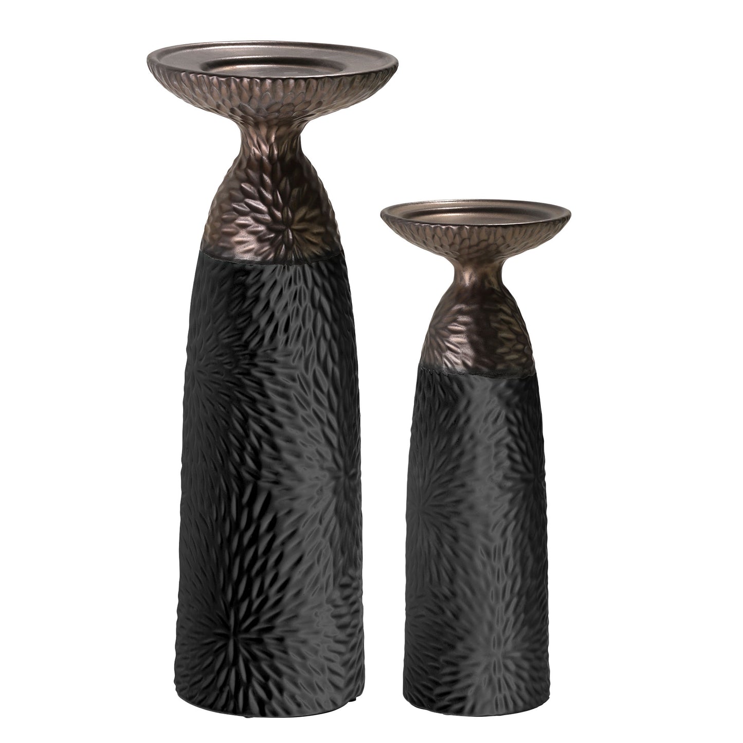 Minimalist Two Tone Textured Porcelain Table Top Pillar Candle Holders in Black and Bronze, 2 Piece Set