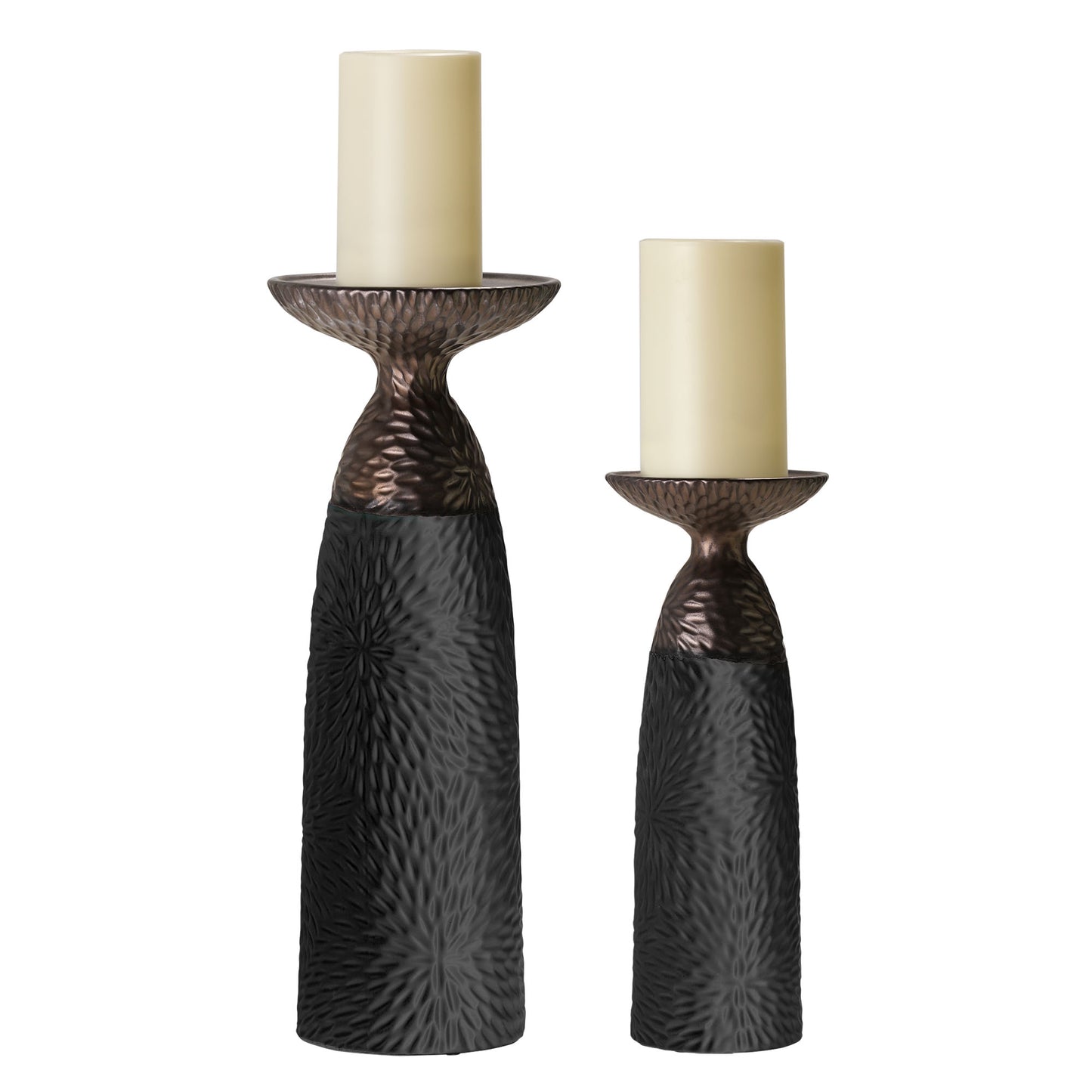 Minimalist Two Tone Textured Porcelain Table Top Pillar Candle Holders in Black and Bronze, 2 Piece Set