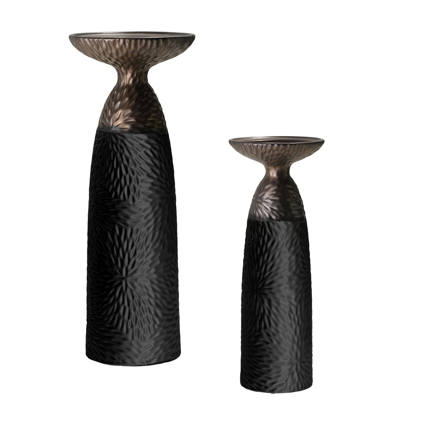 Minimalist Two Tone Textured Porcelain Table Top Pillar Candle Holders in Black and Bronze, 2 Piece Set
