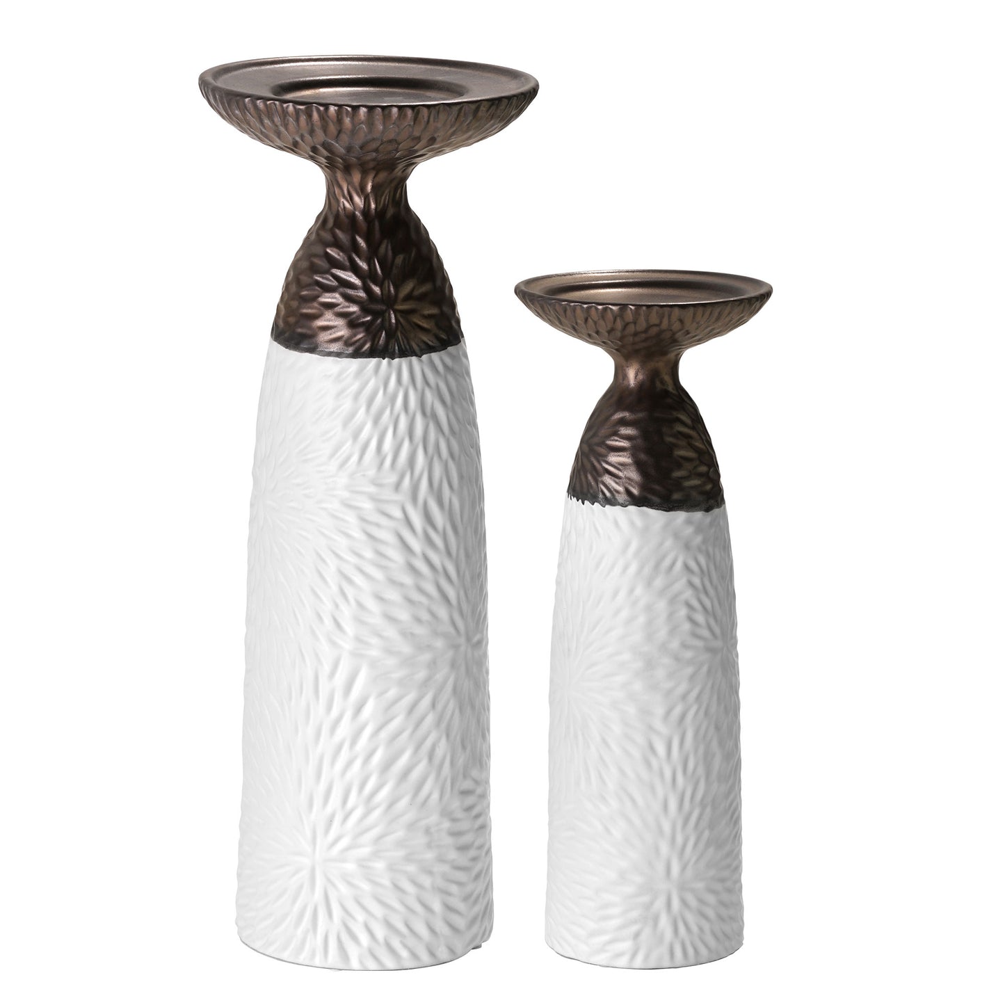 Minimalist Two Tone Textured Porcelain Table Top Pillar Candle Holders in White and Bronze, 2 Piece Set