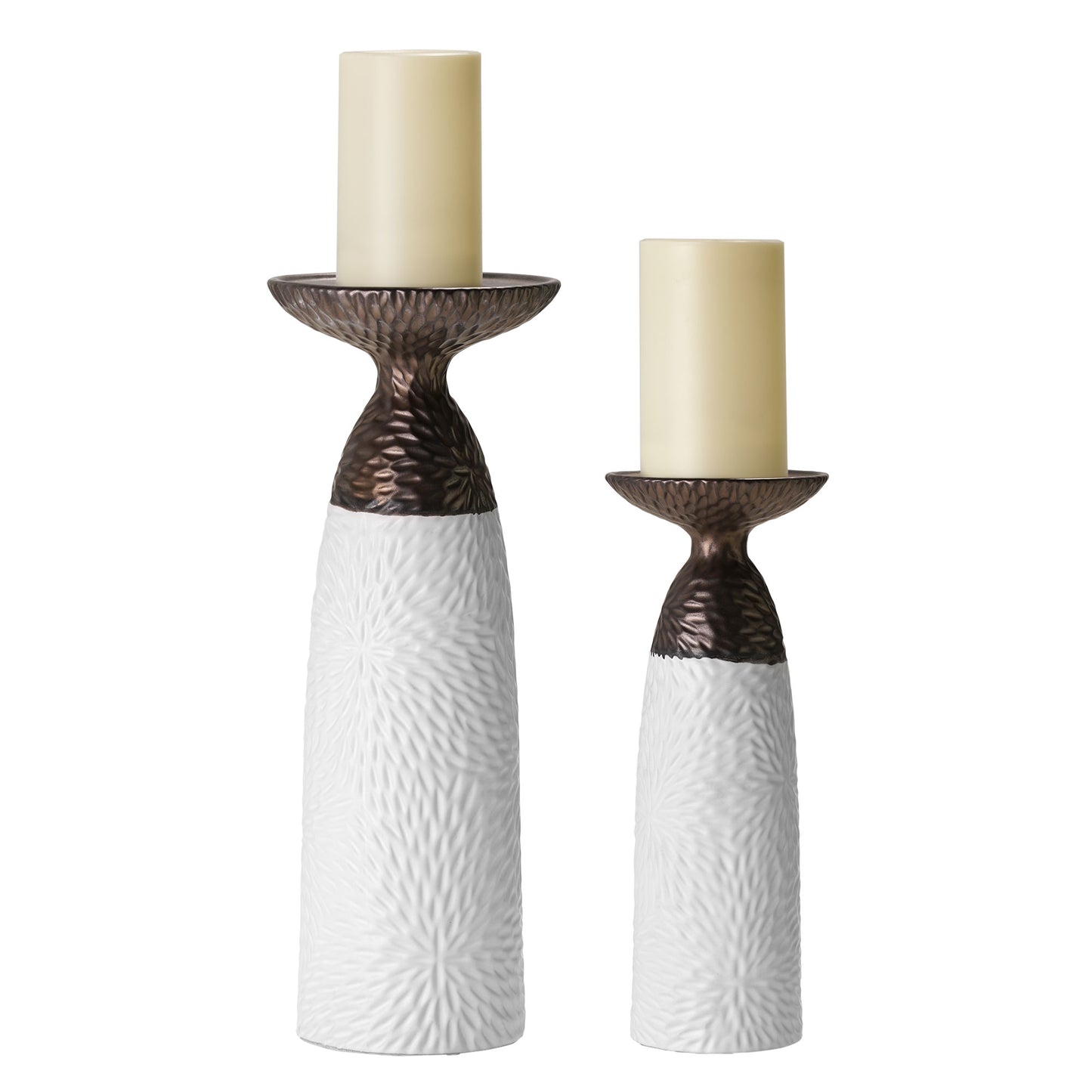 Minimalist Two Tone Textured Porcelain Table Top Pillar Candle Holders in White and Bronze, 2 Piece Set