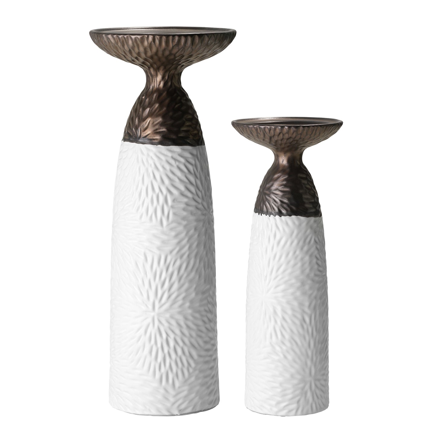 Minimalist Two Tone Textured Porcelain Table Top Pillar Candle Holders in White and Bronze, 2 Piece Set