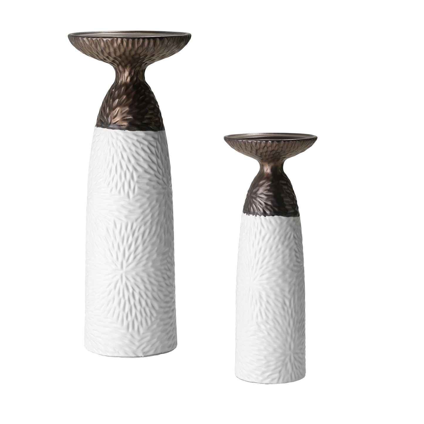 Minimalist Two Tone Textured Porcelain Table Top Pillar Candle Holders in White and Bronze, 2 Piece Set