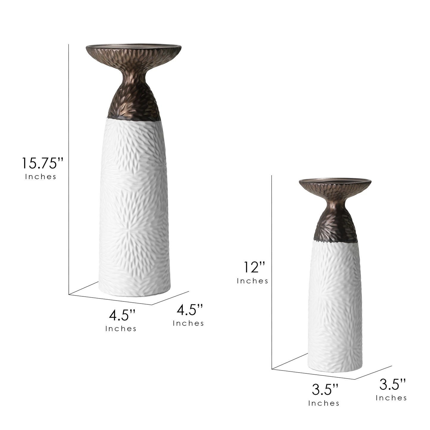 Minimalist Two Tone Textured Porcelain Table Top Pillar Candle Holders in White and Bronze, 2 Piece Set