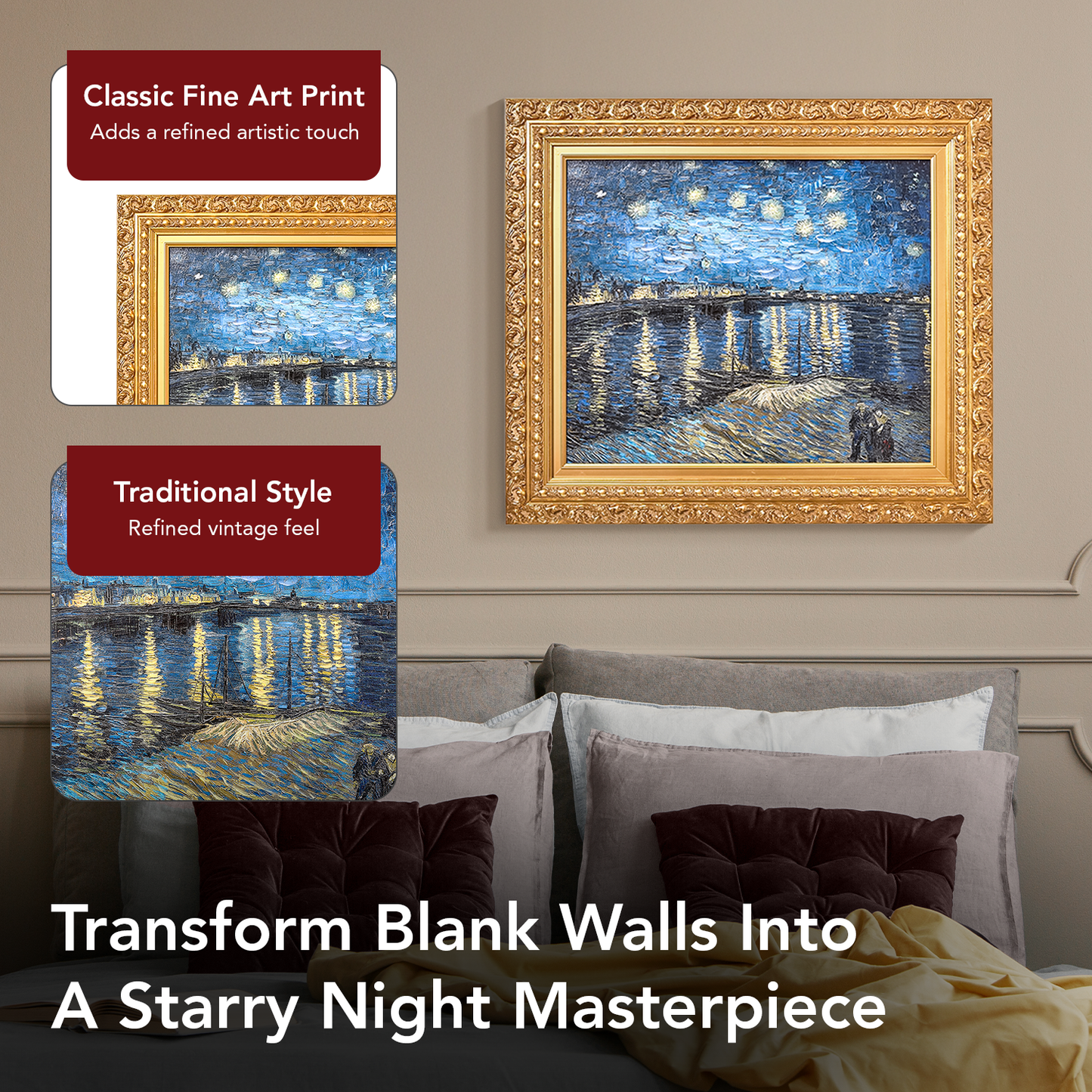 Ornate Framed Starry Night Over the Rhone Canvas Print by Vincent van Gogh 31.75" x 27.62"