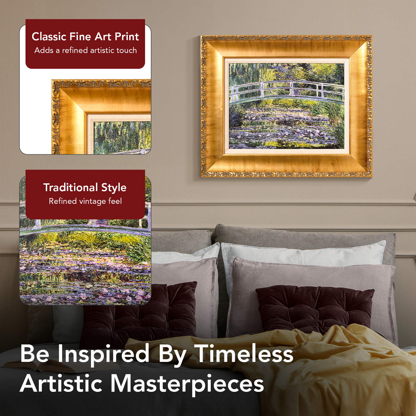 Ornate Framed Water Lilies and Japanese Bridge Canvas Print by Claude Monet 22.75" x 18.75"