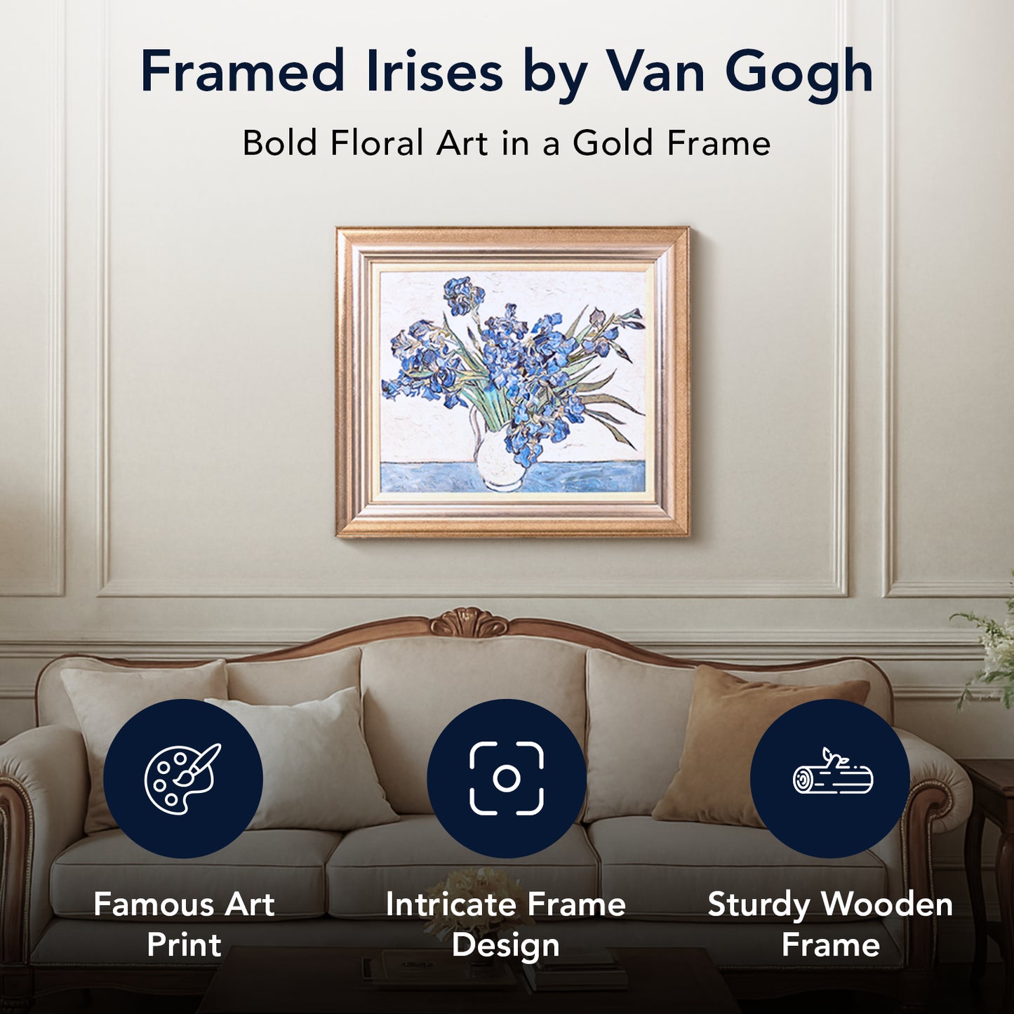 Ornate Framed Blue Irises Canvas Print by Vincent van Gogh 31.5" x 27.5"