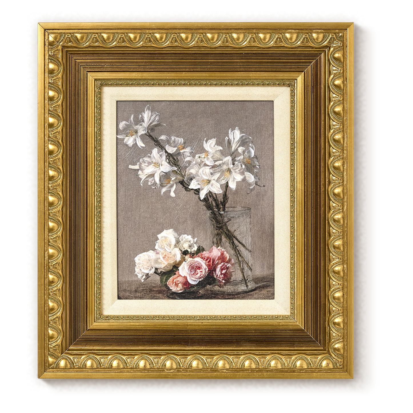 Ornate Framed Roses and Liles Canvas Print by Henri Fantin-Latour 14.75" x 16.75"