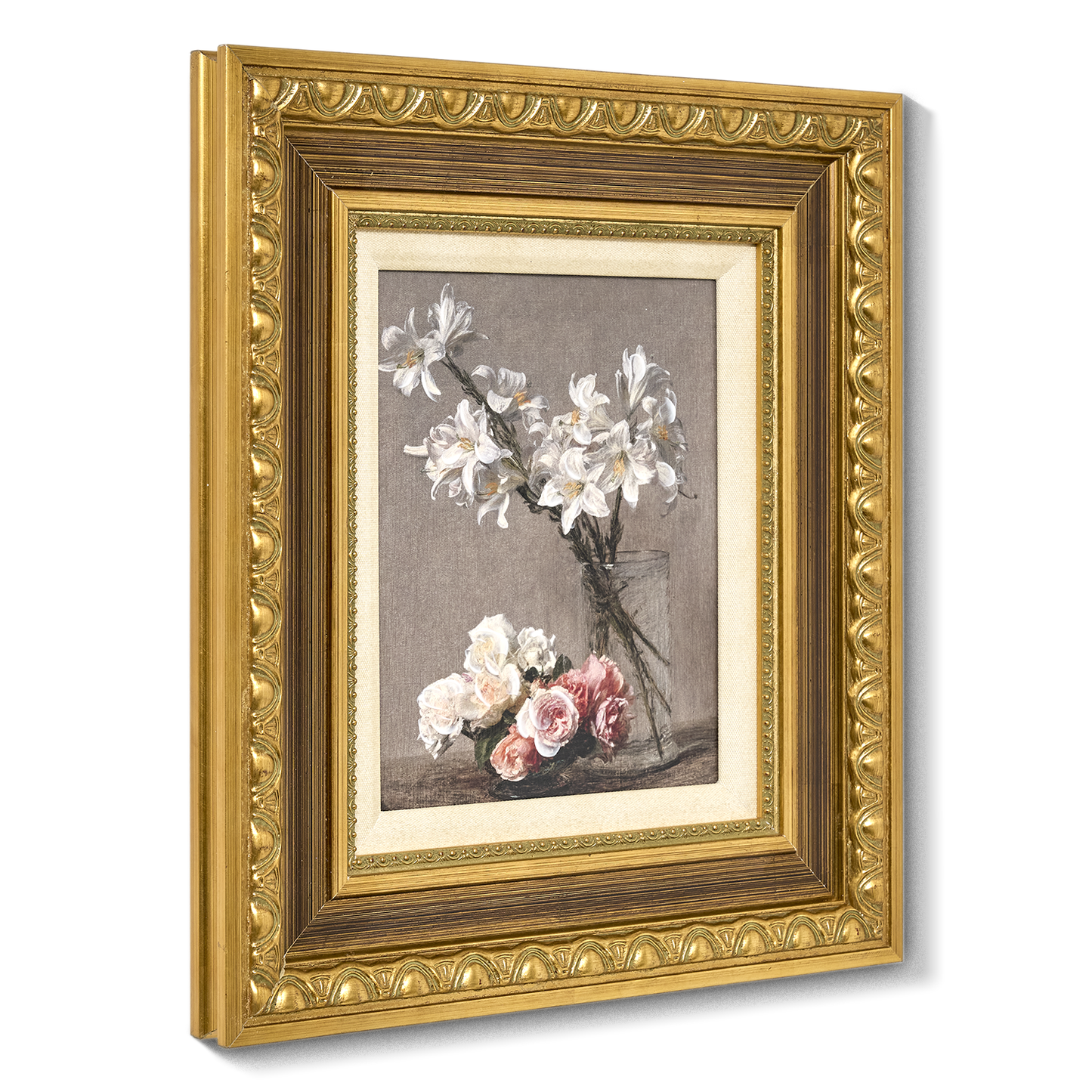 Ornate Framed Roses and Liles Canvas Print by Henri Fantin-Latour 14.75" x 16.75"