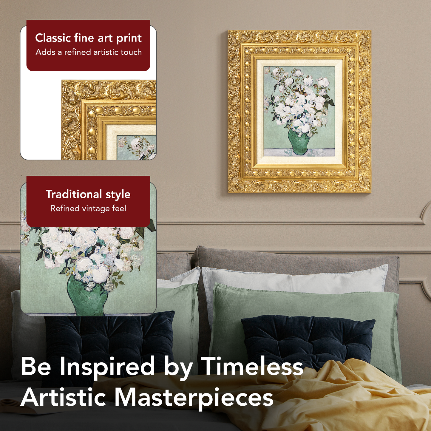 Ornate Framed Roses Canvas Print by Vincent van Gogh 15.25" x 17.25"