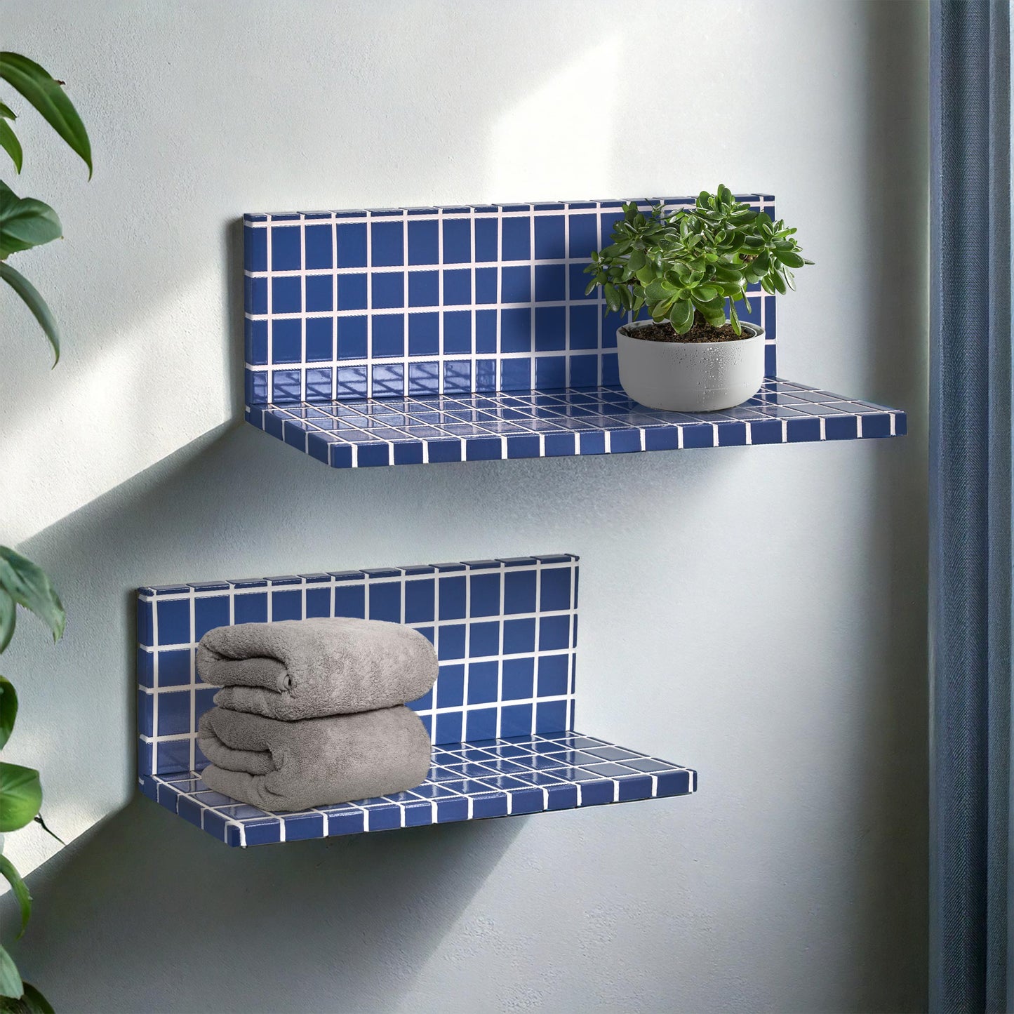 2pc Stylish Retro Wavey Tile Floating Shelves for Wall & Storage - Blue