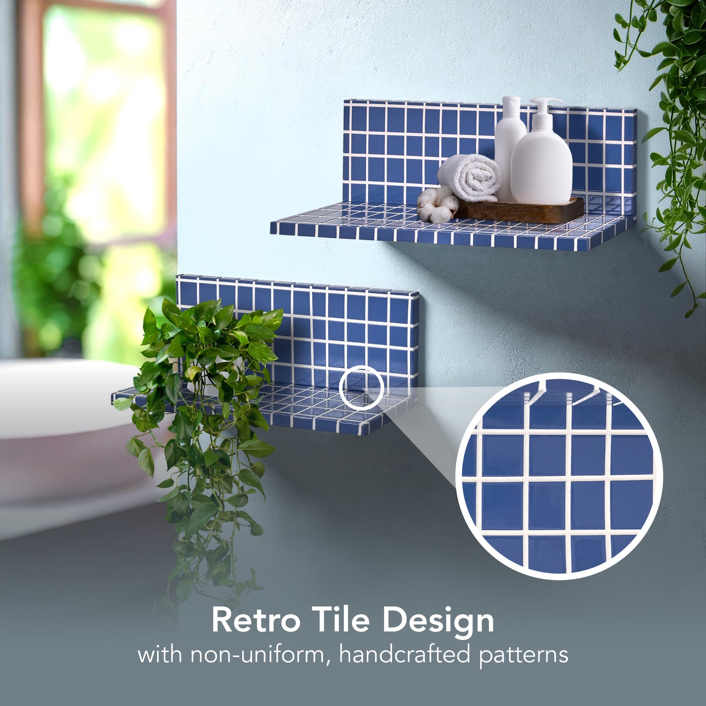 2pc Stylish Retro Wavey Tile Floating Shelves for Wall & Storage - Blue