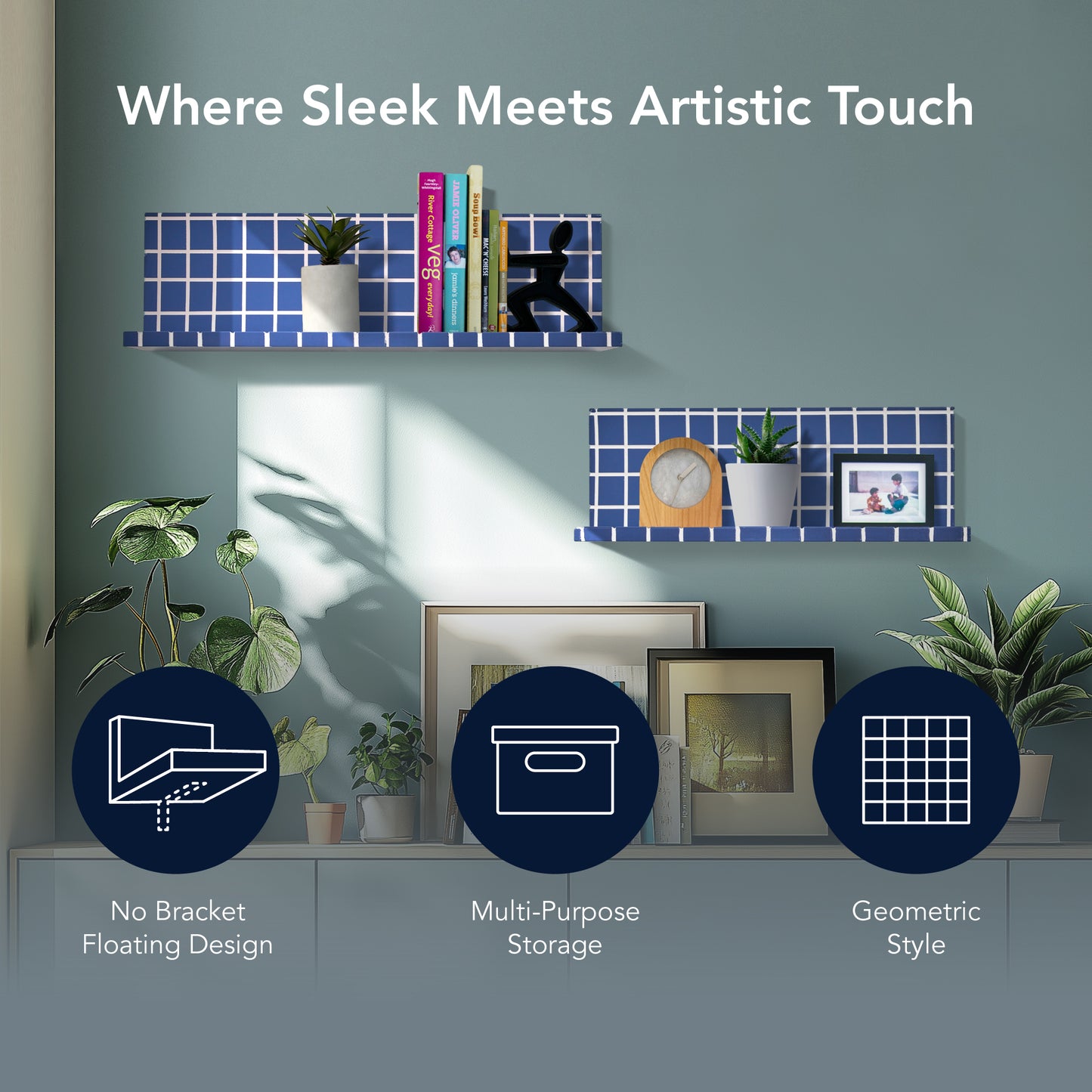 2pc Stylish Retro Wavey Tile Floating Shelves for Wall & Storage - Blue