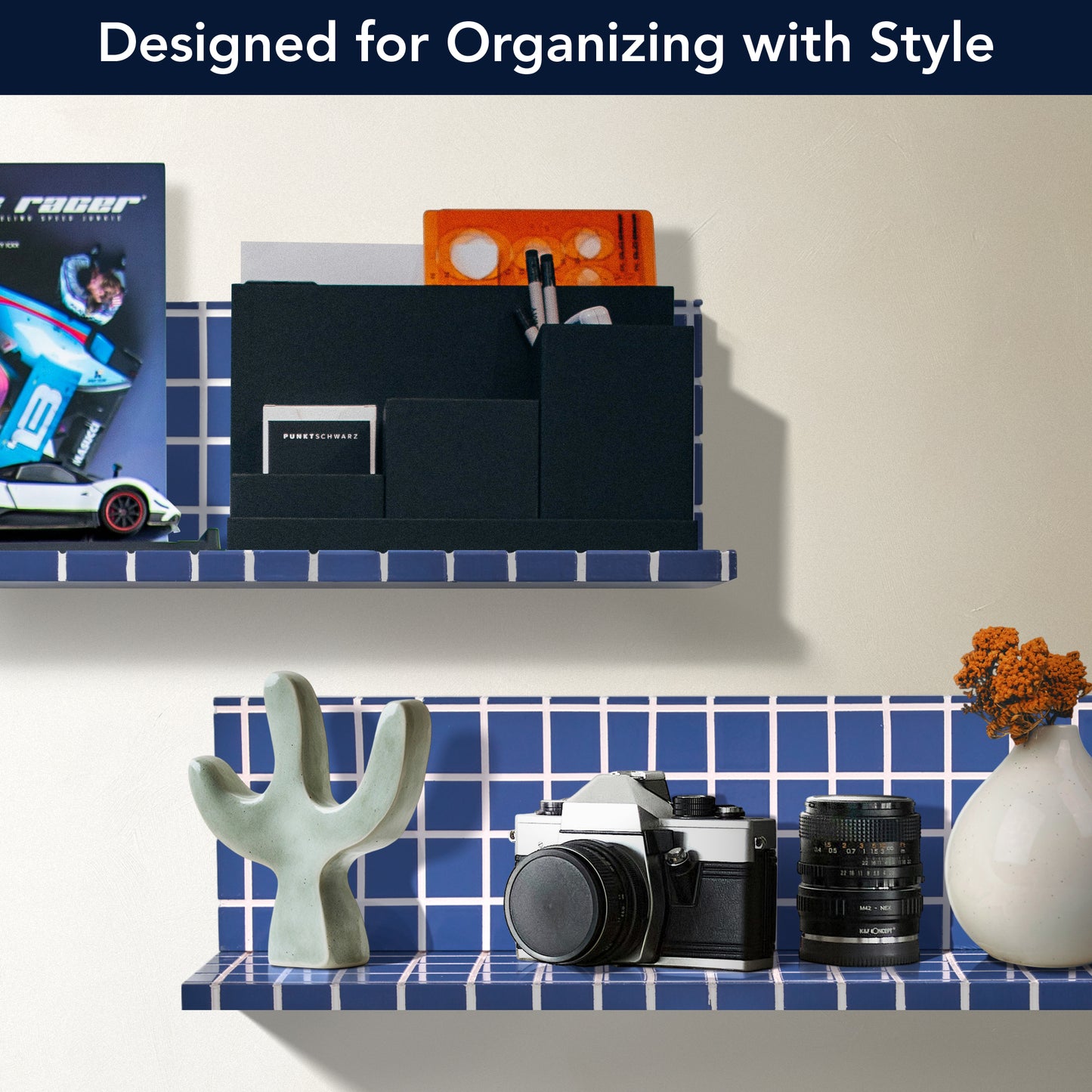 2pc Stylish Retro Wavey Tile Floating Shelves for Wall & Storage - Blue