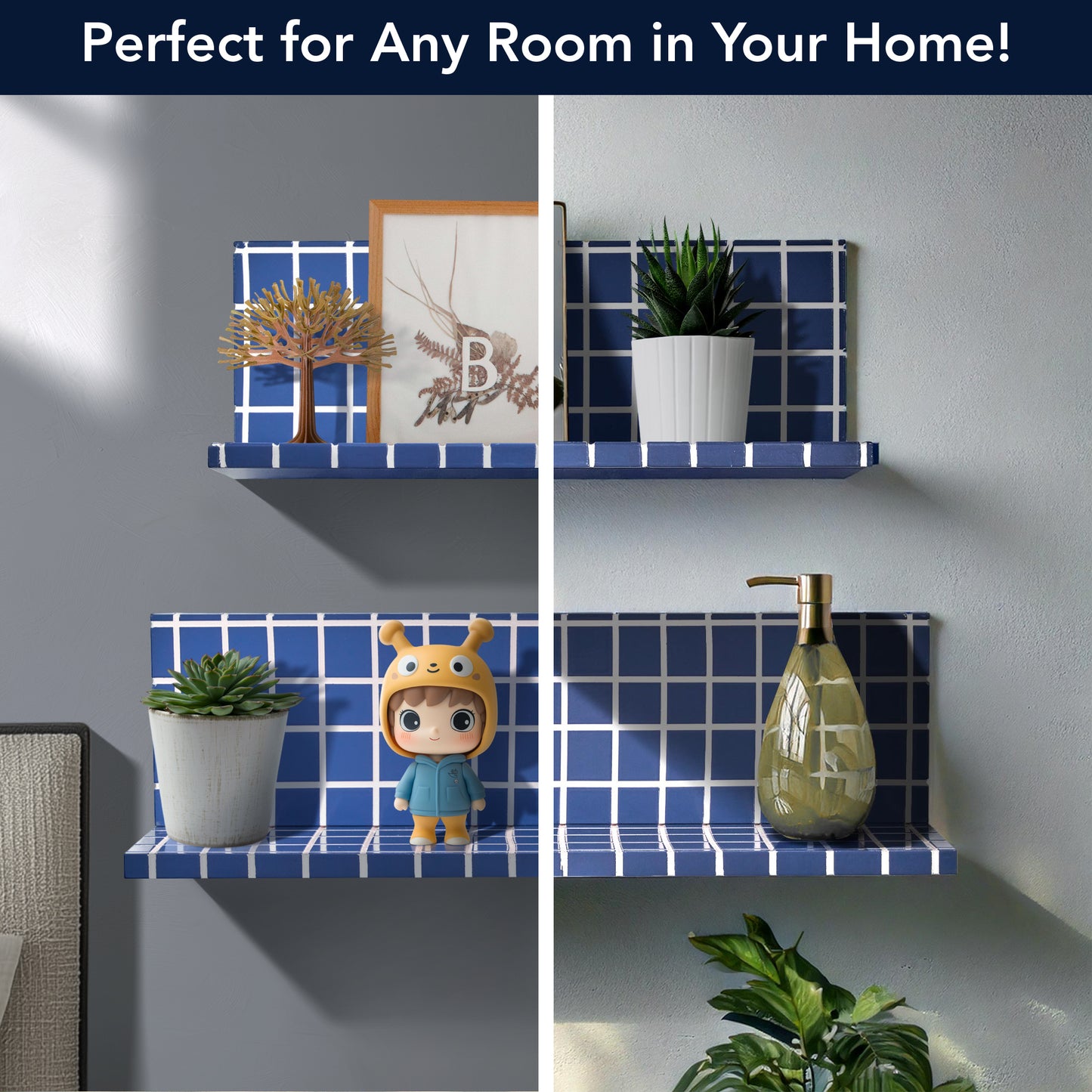 2pc Stylish Retro Wavey Tile Floating Shelves for Wall & Storage - Blue