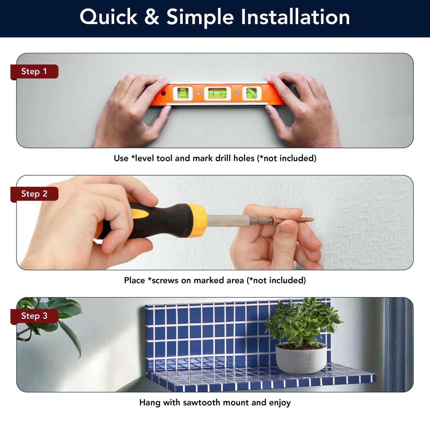 2pc Stylish Retro Wavey Tile Floating Shelves for Wall & Storage - Blue