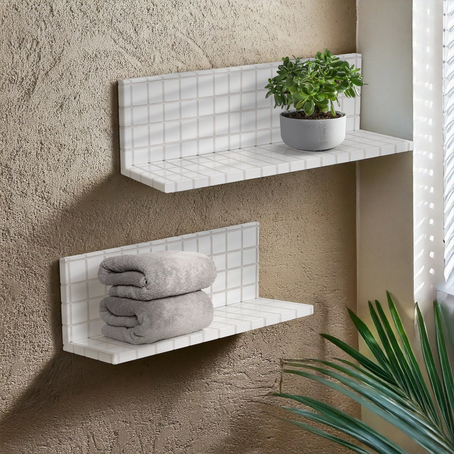 2pc Stylish Retro Wavey Tile Floating Shelves for Wall & Storage - White