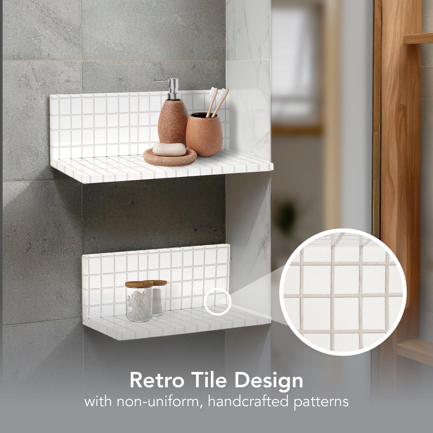 2pc Stylish Retro Wavey Tile Floating Shelves for Wall & Storage - White