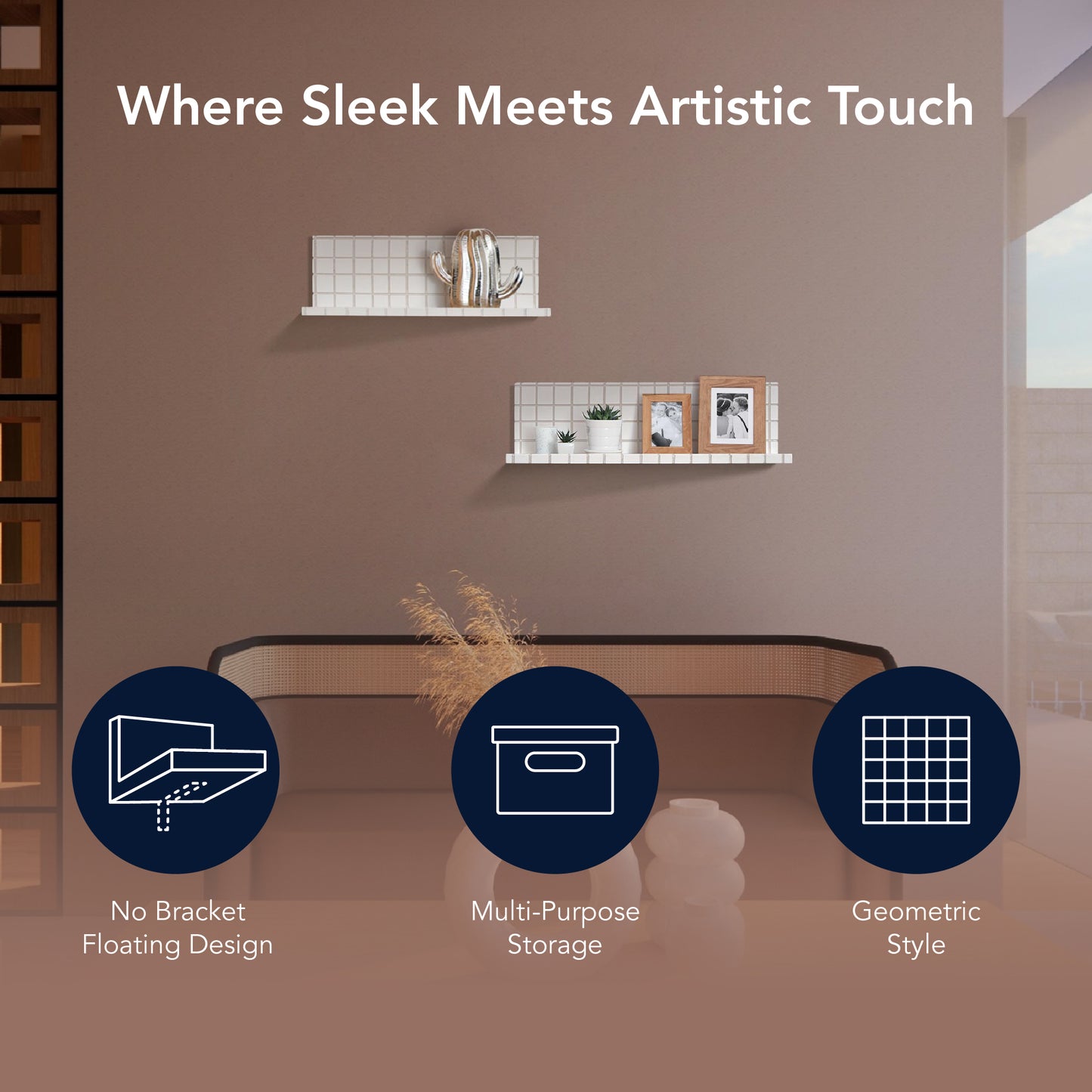 2pc Stylish Retro Wavey Tile Floating Shelves for Wall & Storage - White