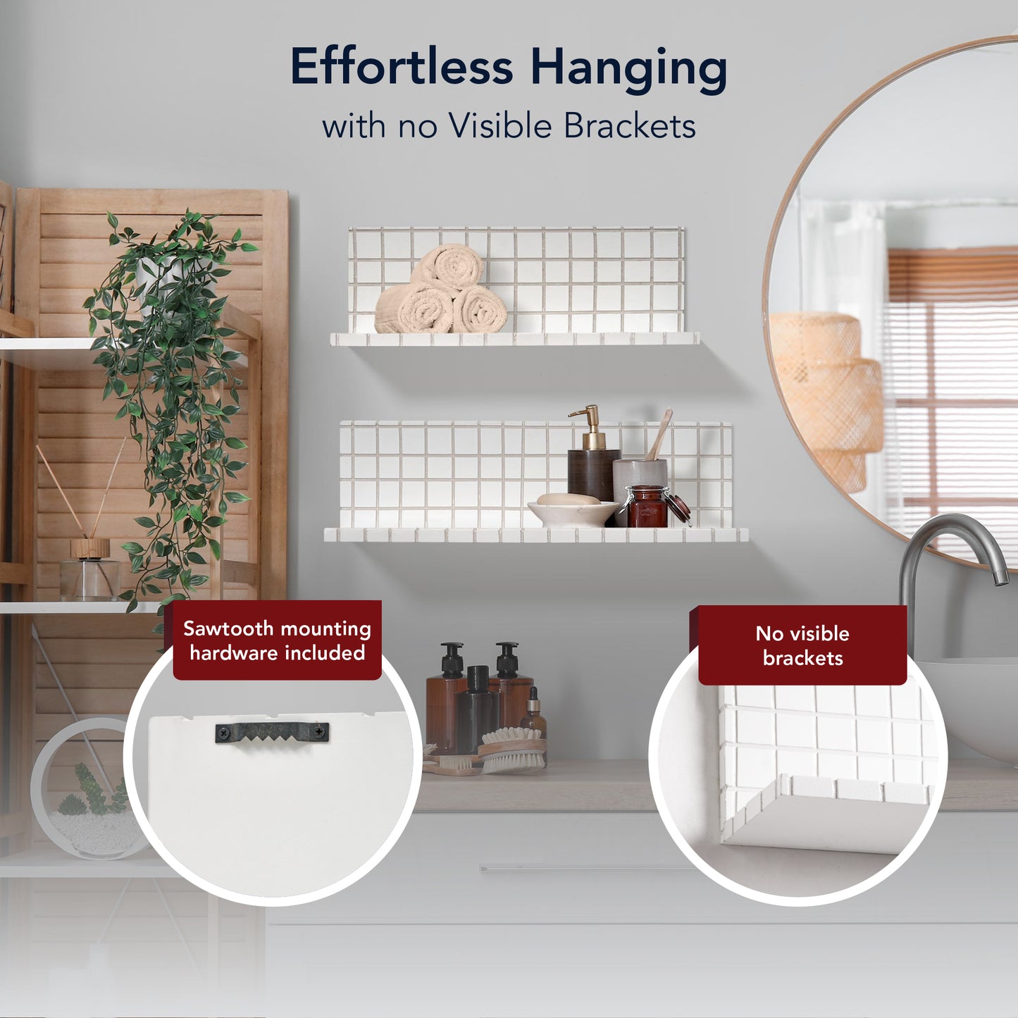 2pc Stylish Retro Wavey Tile Floating Shelves for Wall & Storage - White