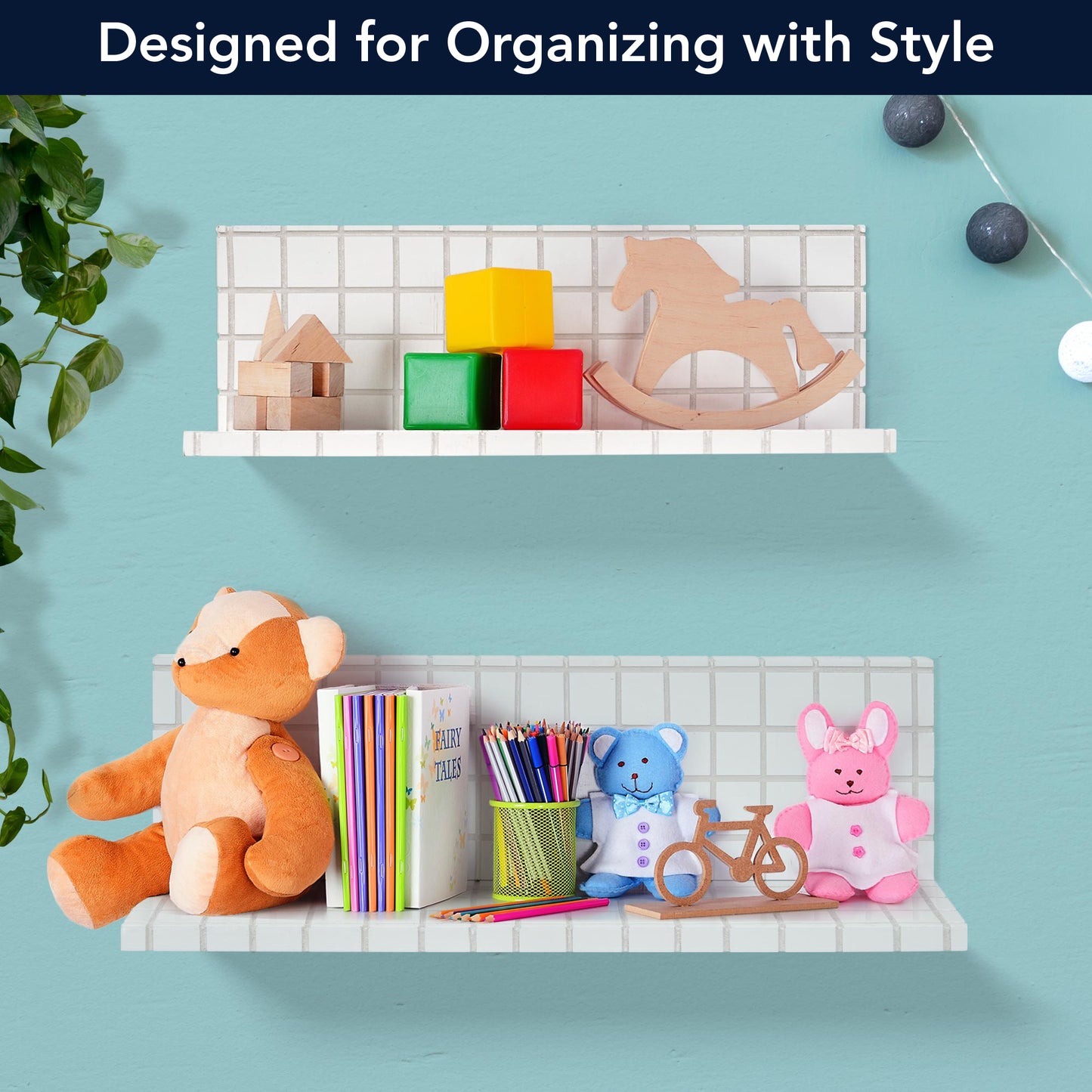 2pc Stylish Retro Wavey Tile Floating Shelves for Wall & Storage - White