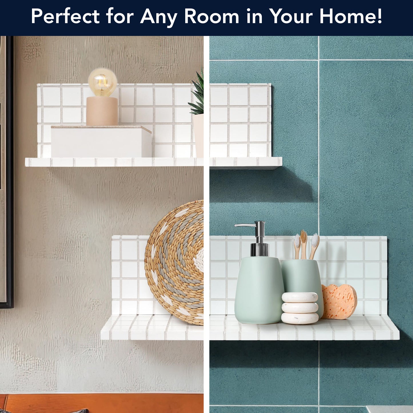 2pc Stylish Retro Wavey Tile Floating Shelves for Wall & Storage - White