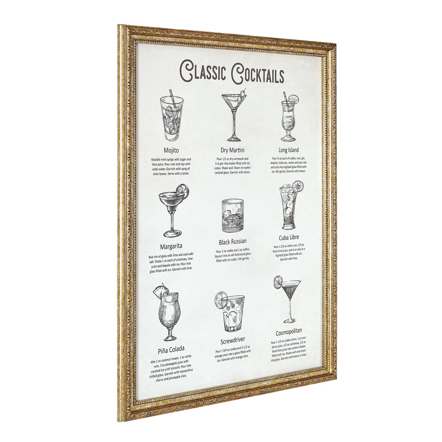 Classic Cocktails Printed Glass Framed Wall Decor