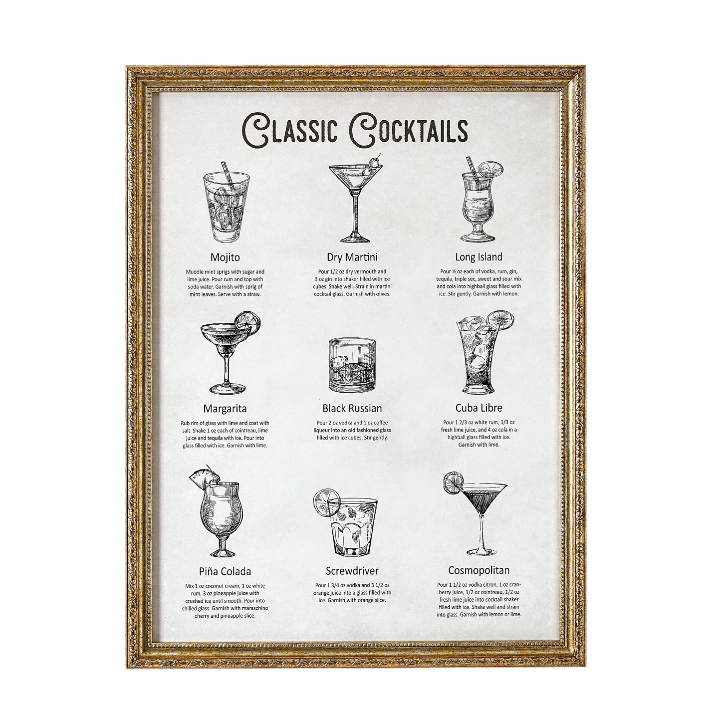 Classic Cocktails Printed Glass Framed Wall Decor