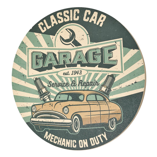 Classic Car Garage Round MDF Wall Plaque - 20" x 20" x 0.35"