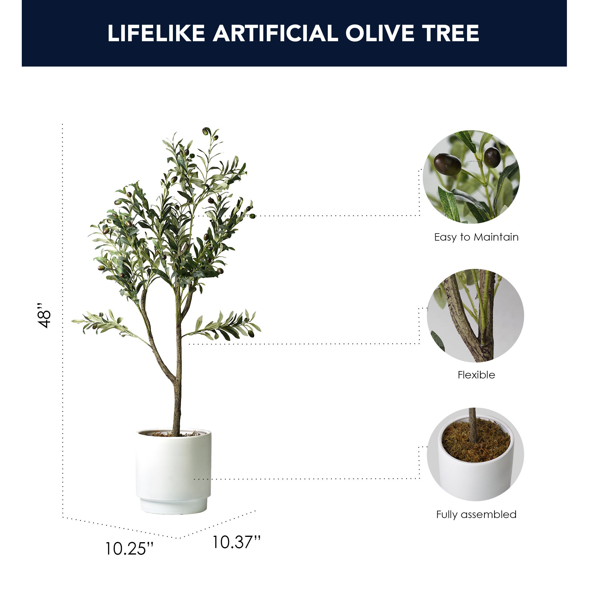 Artificial Olive Tree in White Ceramic Pot with Pedestal - 48