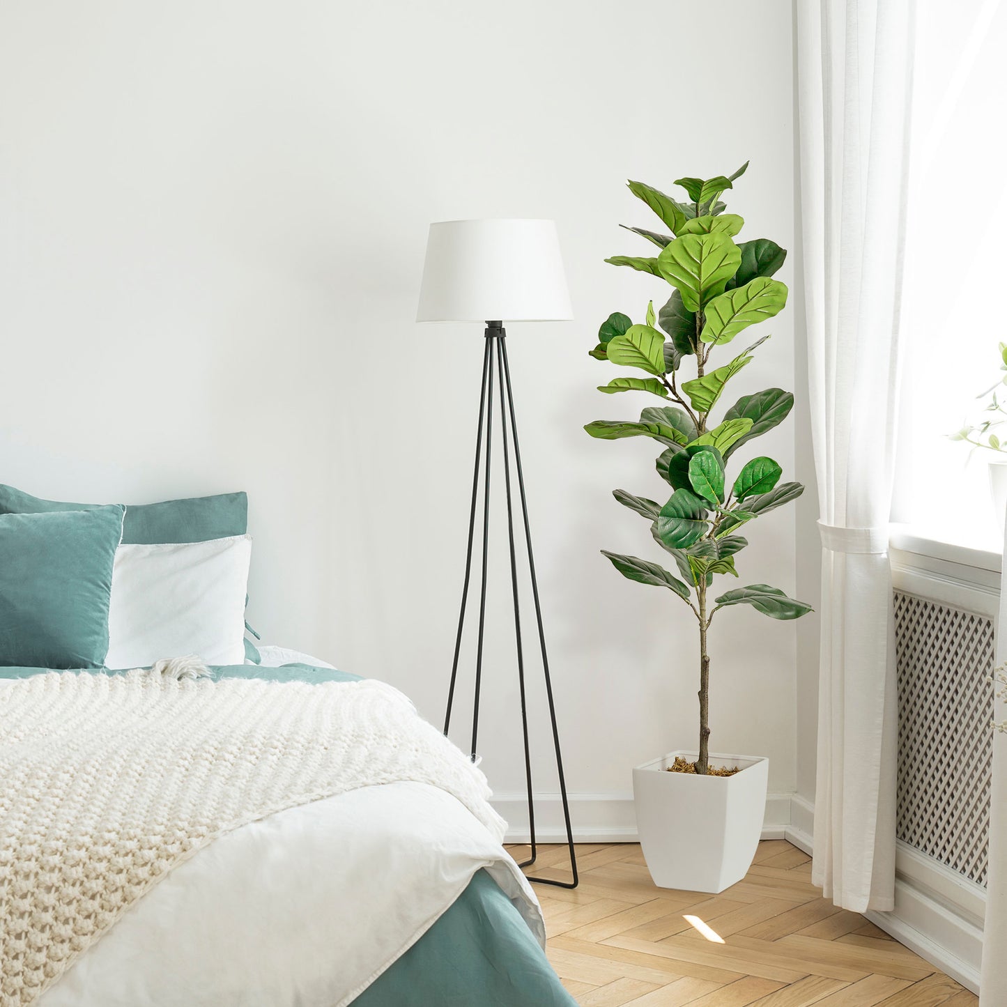 Artificial Fiddle Fig Tree in White Square Ceramic Pot - 60" - Botanica Home ™