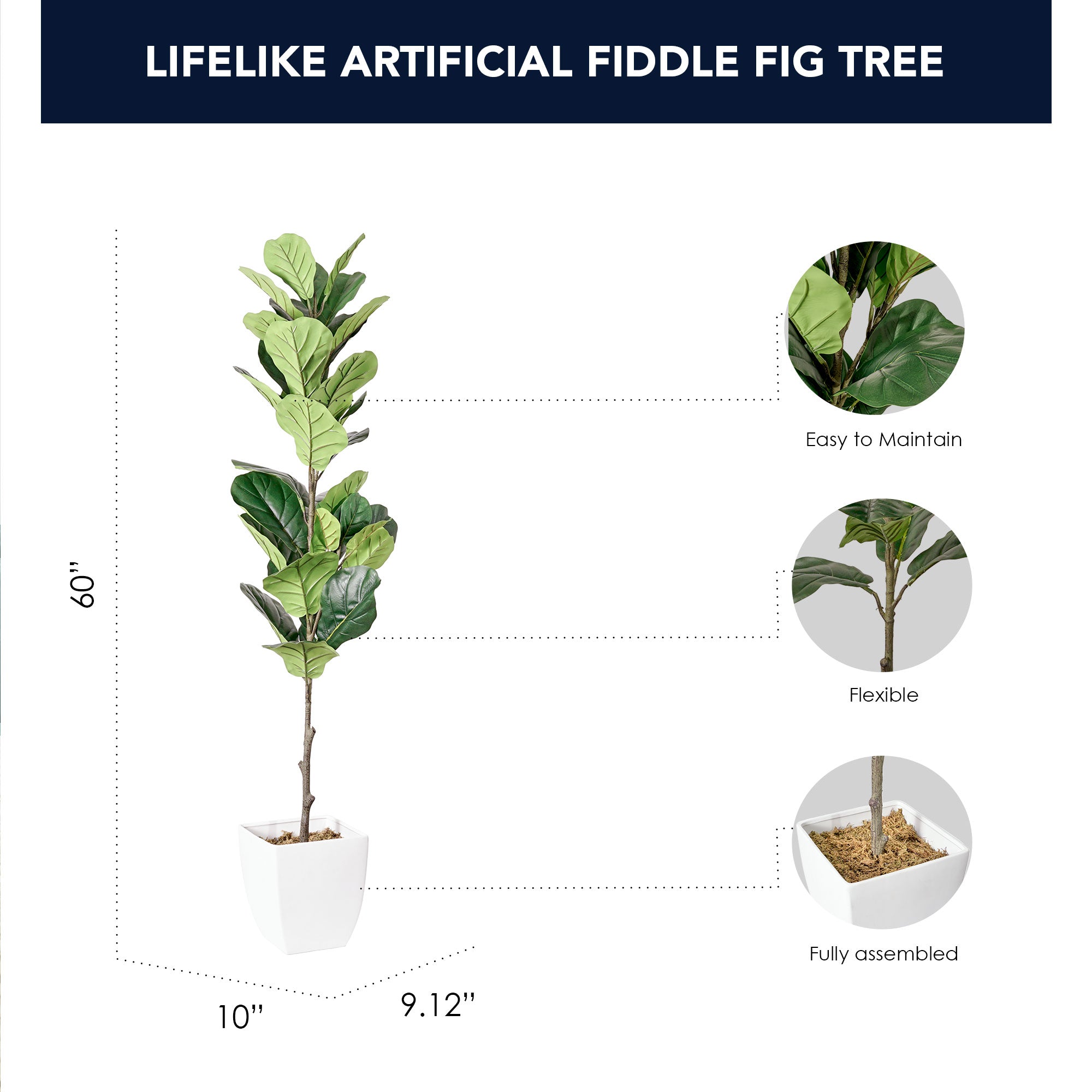 Artificial Fiddle Fig Tree in White Square Ceramic Pot - 60