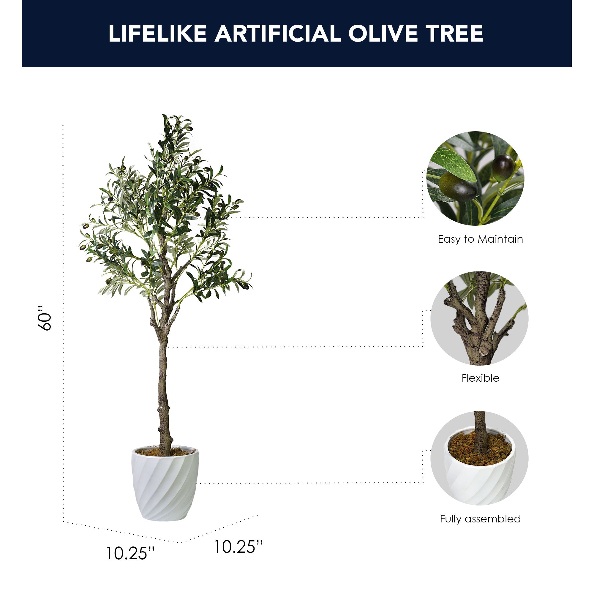 Artificial Olive Tree in White Ceramic Testured Pot - 60