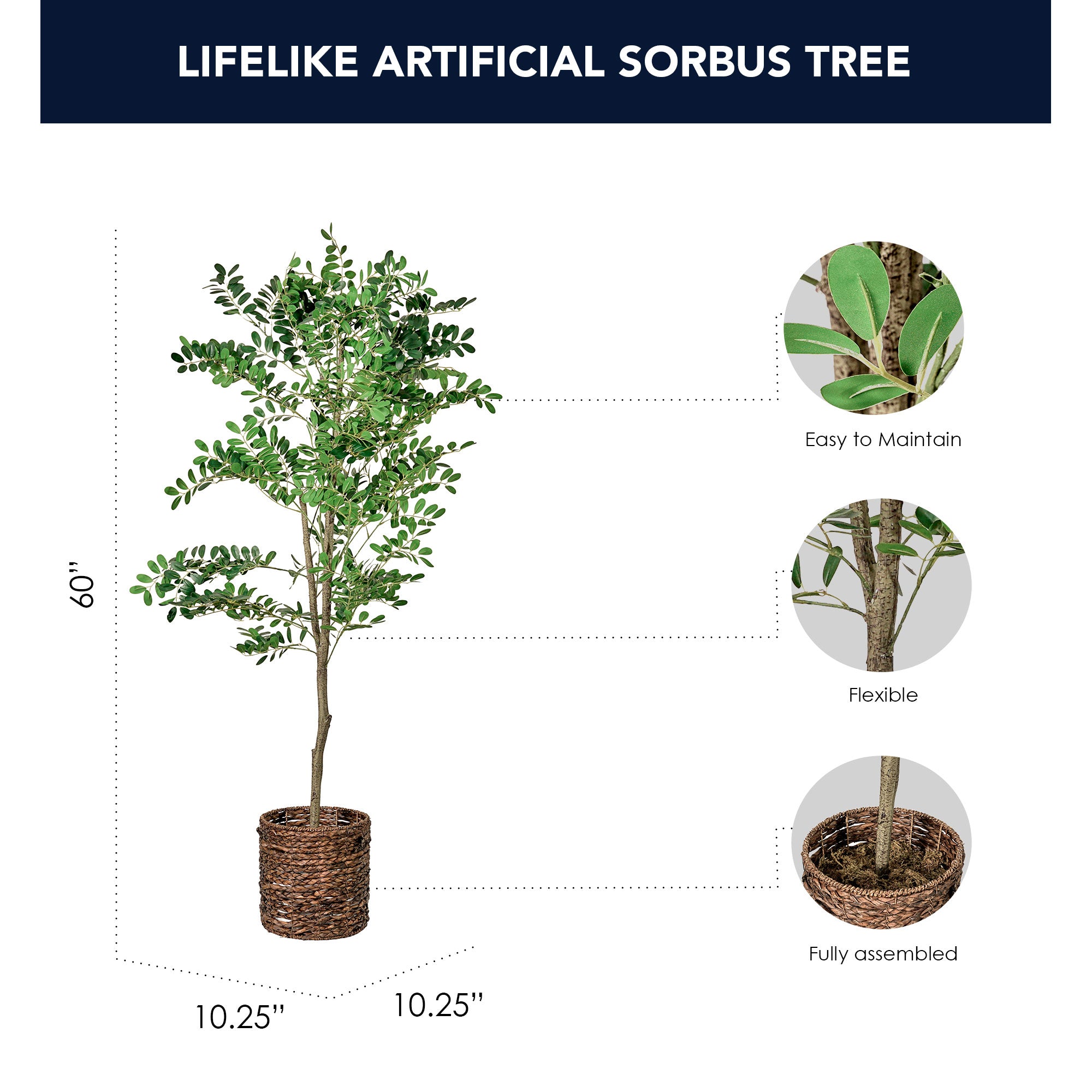 Artificial Sorbus Tree in Water Hyacinth Woven Basket - 60