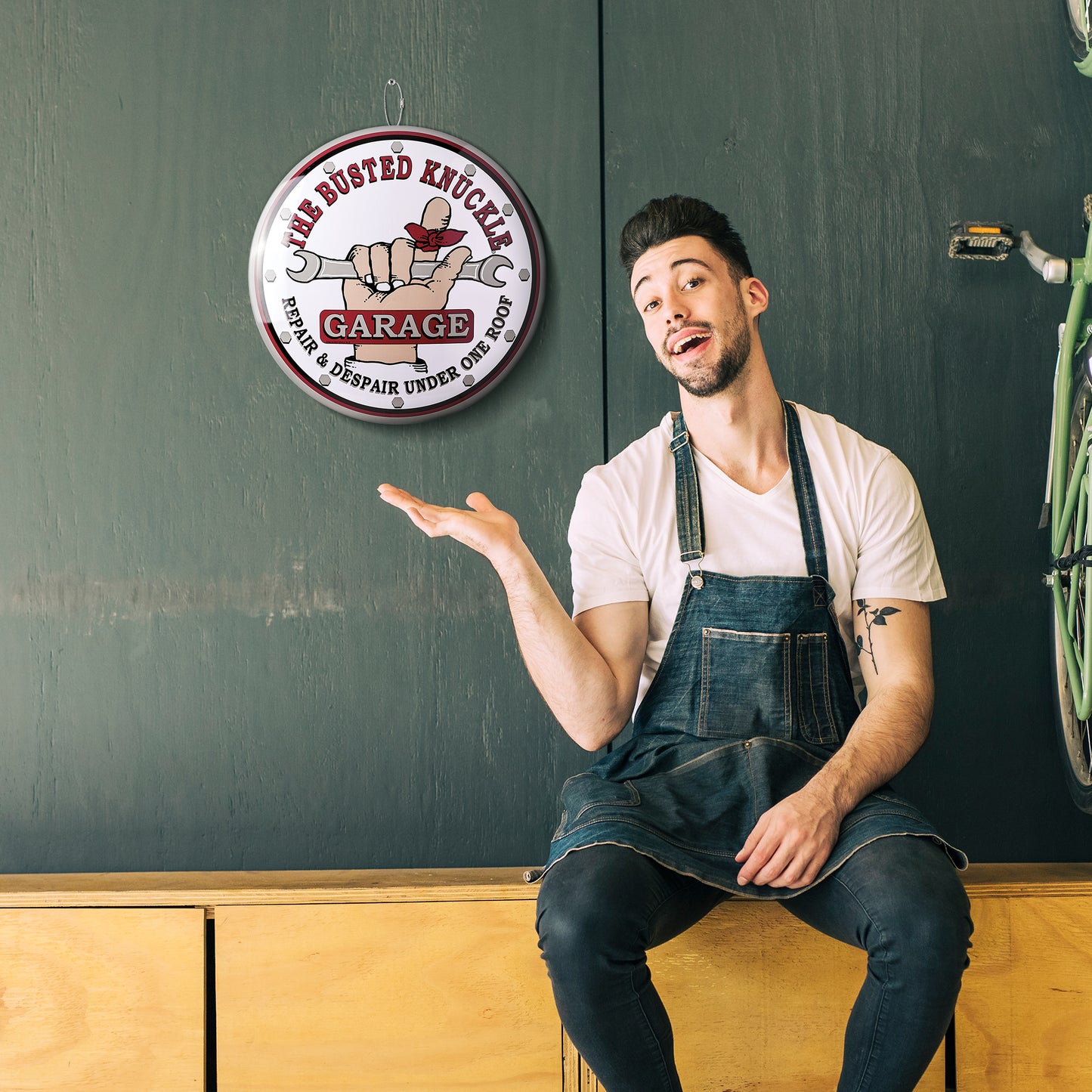 Busted Knuckle Garage Domed Metal Sign Round Dome Metal Sign - 15"