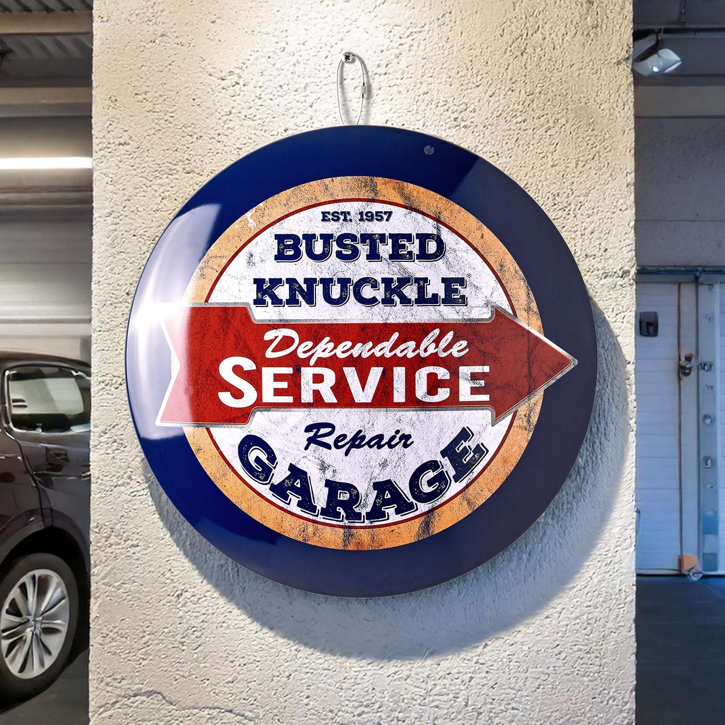 Busted Knuckle Repair Garage Domed Metal Sign Round Dome Metal Sign - 15"