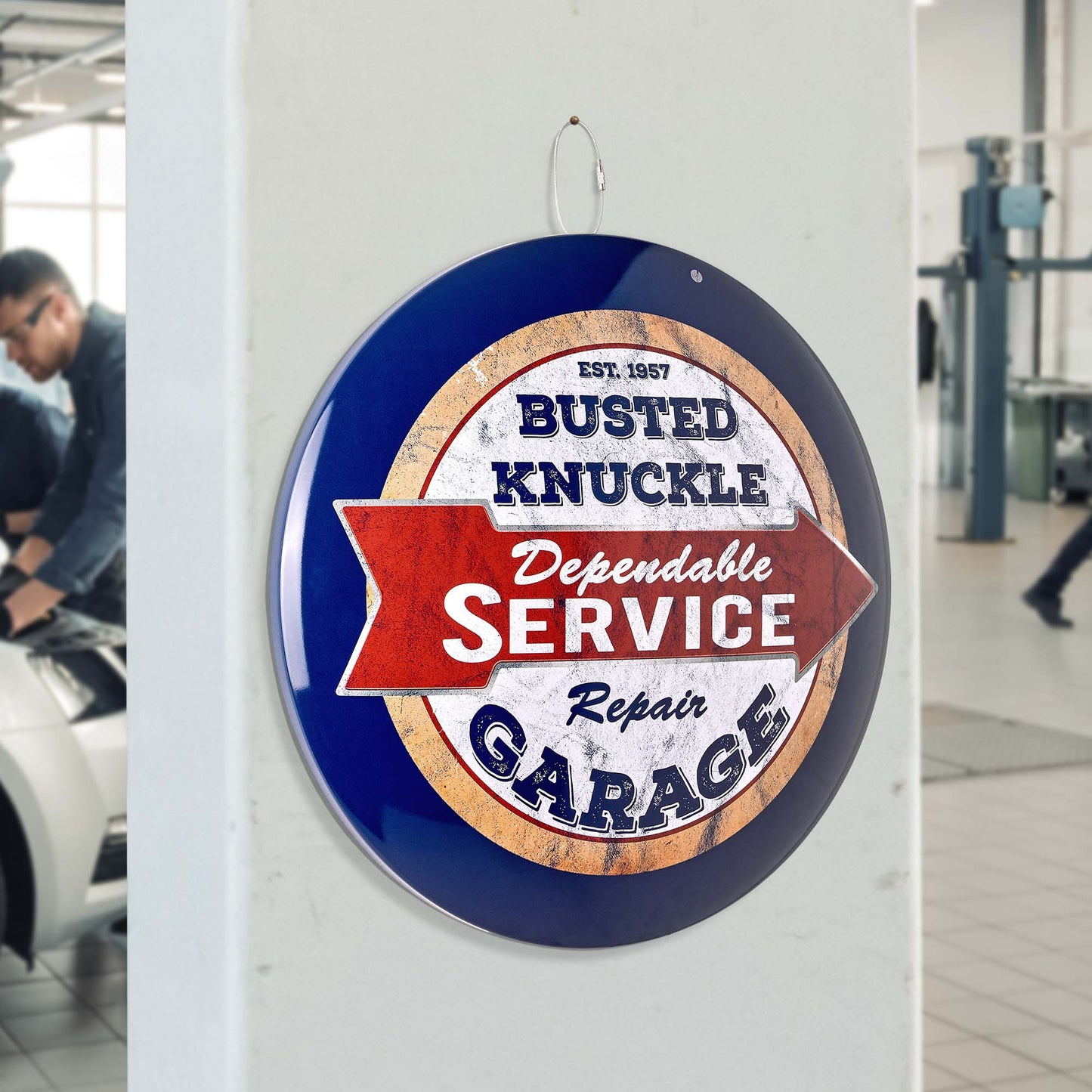 Busted Knuckle Repair Garage Domed Metal Sign Round Dome Metal Sign - 15"